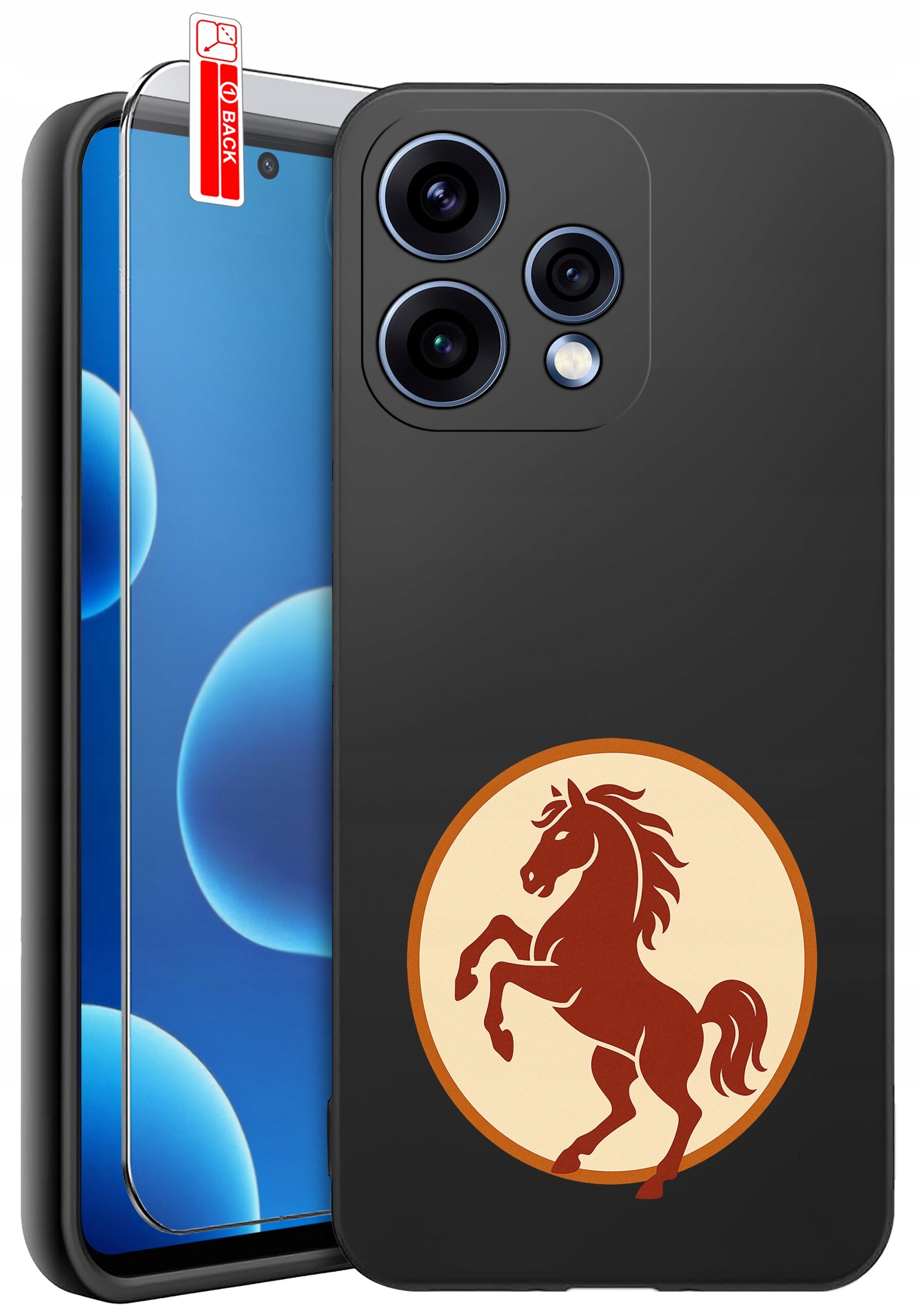 Czarne etui na telefon z nadrukiem brązowego konia w okręgu. Obok znajduje się szkło ochronne z etykietą \'BACK\'.