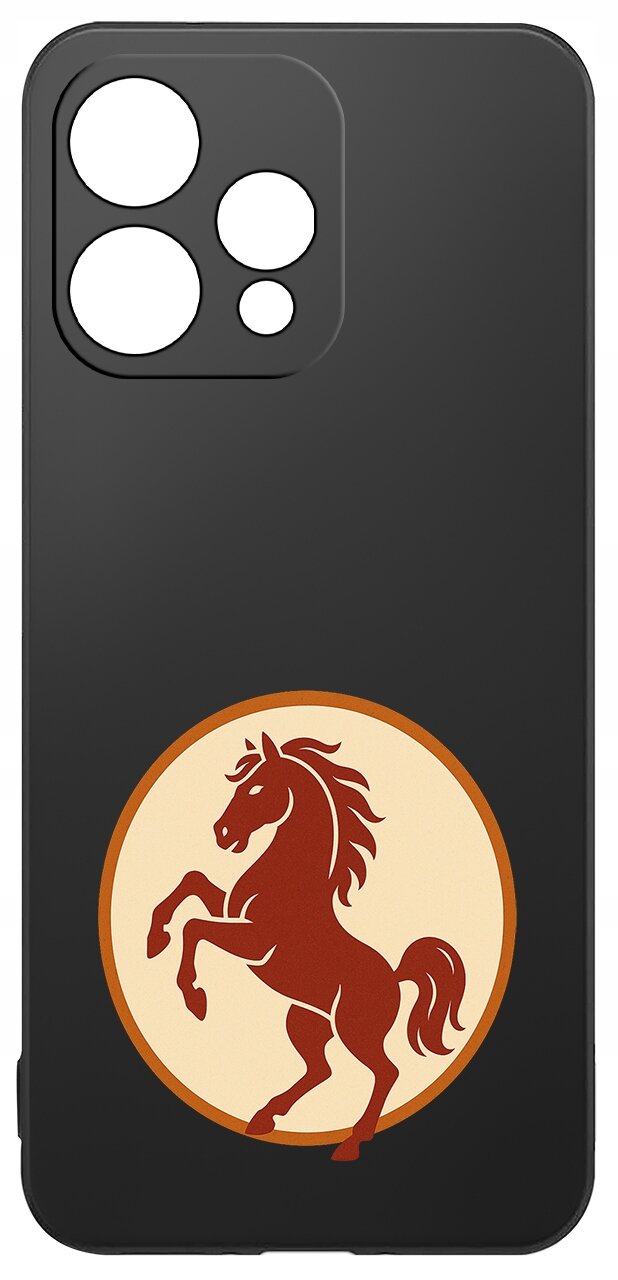 Czarne etui na telefon z wycięciami na aparat, ozdobione grafiką czerwonego konia na beżowym tle w okręgu.