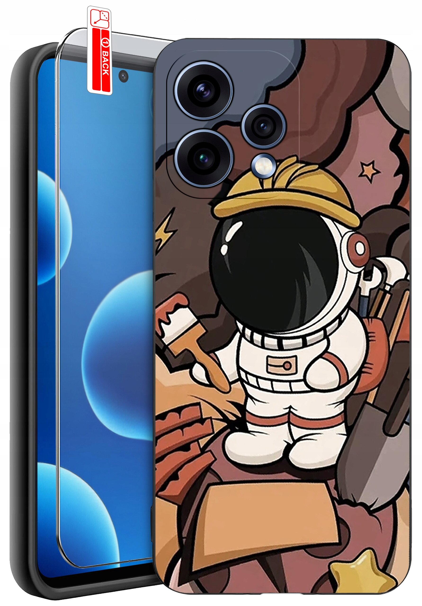 Etui na telefon z kolorowym wzorem przedstawiającym astronautę w hełmie i kombinezonie, trzymającego pędzel i łopatę. Obok etui znajduje się szkło ochronne z napisem \'BACK\'.