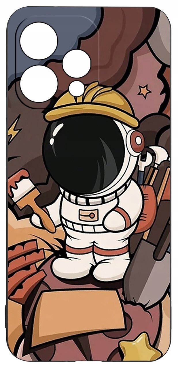 Etui z grafiką przedstawiającą astronautę w kasku budowlanym, trzymającego pędzel, na tle abstrakcyjnych kształtów i gwiazdki.
