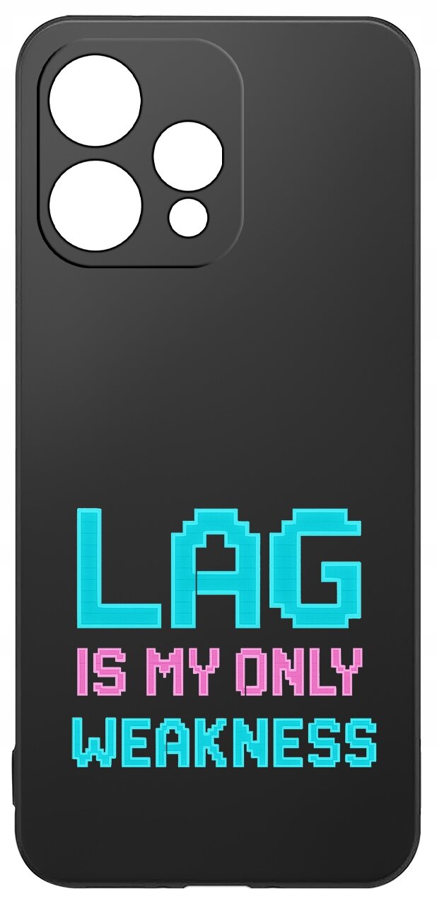 Czarne etui na telefon z dużymi wycięciami na aparat. Na etui widnieje napis \'LAG IS MY ONLY WEAKNESS\' w kolorach niebieskim i różowym.
