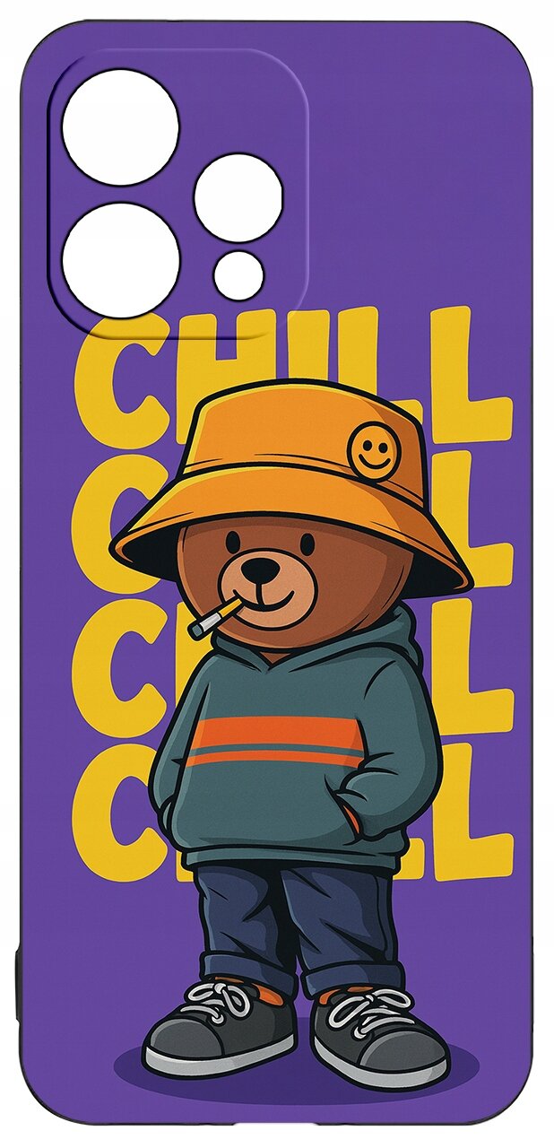Fioletowe etui z nadrukiem misia w pomarańczowym kapeluszu i zielonej bluzie, na tle żółtego napisu \'CHILL\'.