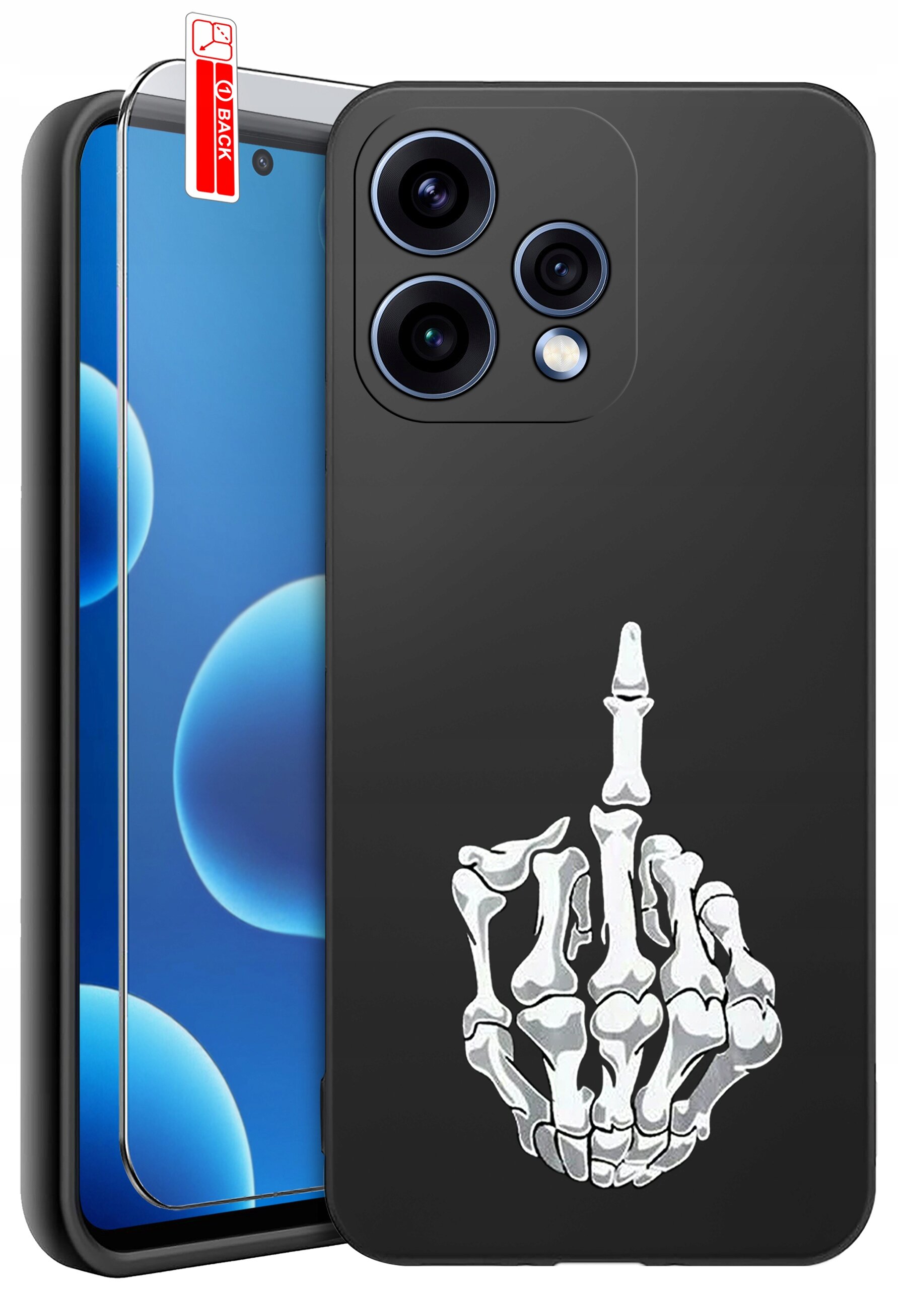 Czarne etui na telefon z nadrukiem białej, szkieletowej dłoni pokazującej środkowy palec. Obok znajduje się szkło ochronne z czerwoną naklejką \'BACK\'.