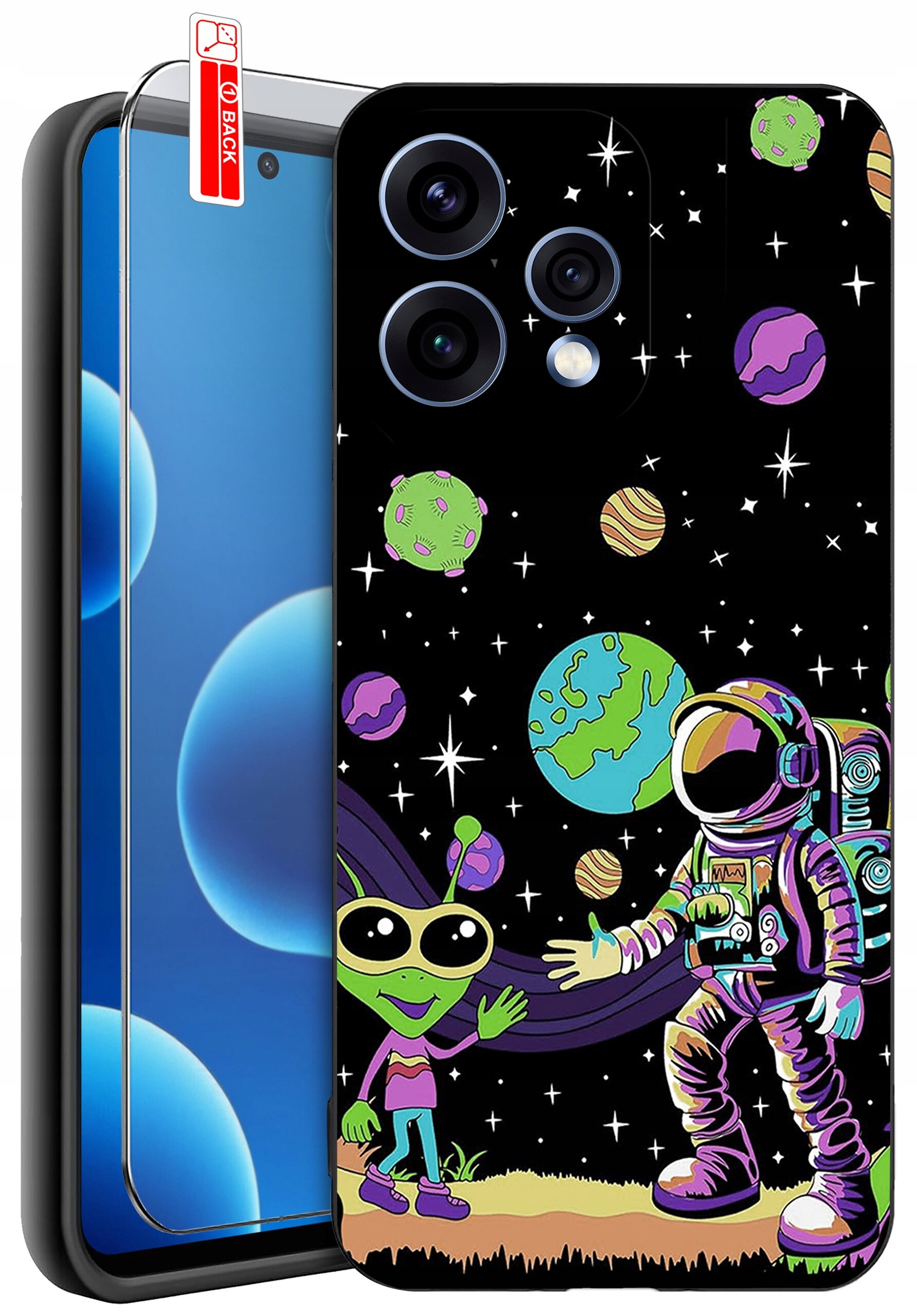 Etui na telefon z kolorowym wzorem przedstawiającym astronautę i zielonego kosmitę na tle kosmosu z planetami i gwiazdami. Obok etui znajduje się szkło ochronne z napisem \'BACK\'.
