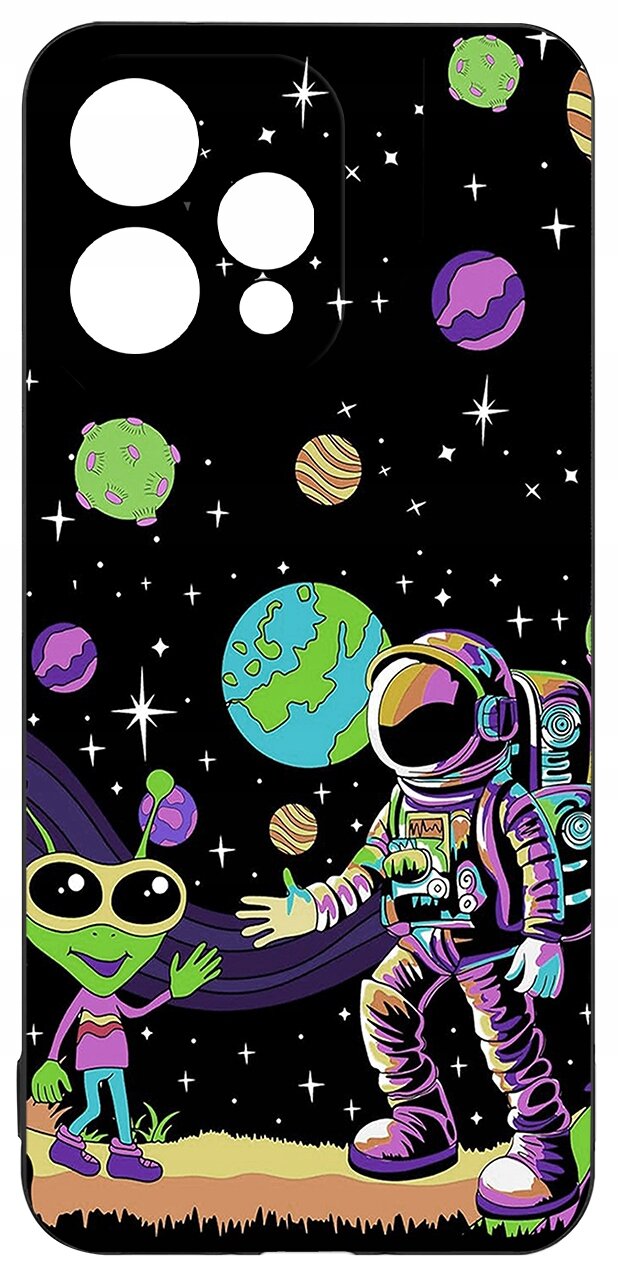 Etui z kolorowym wzorem przedstawiającym astronautę i zielonego kosmitę na tle kosmosu z planetami i gwiazdami.