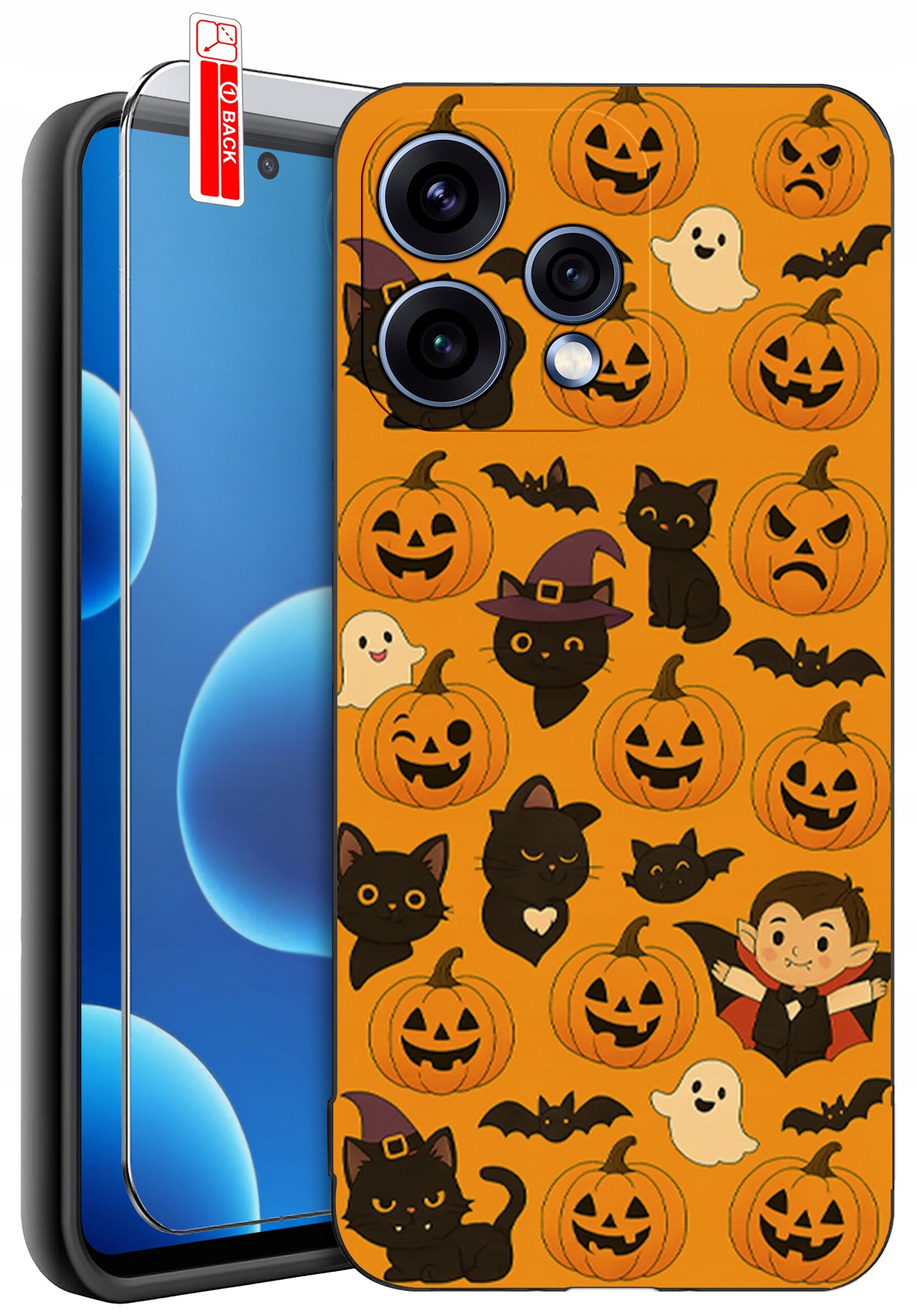 Etui na telefon z motywem Halloween, przedstawiające dynie, czarne koty, nietoperze, duchy i postać wampira na pomarańczowym tle. Obok etui znajduje się szkło ochronne z oznaczeniem \'BACK\'.