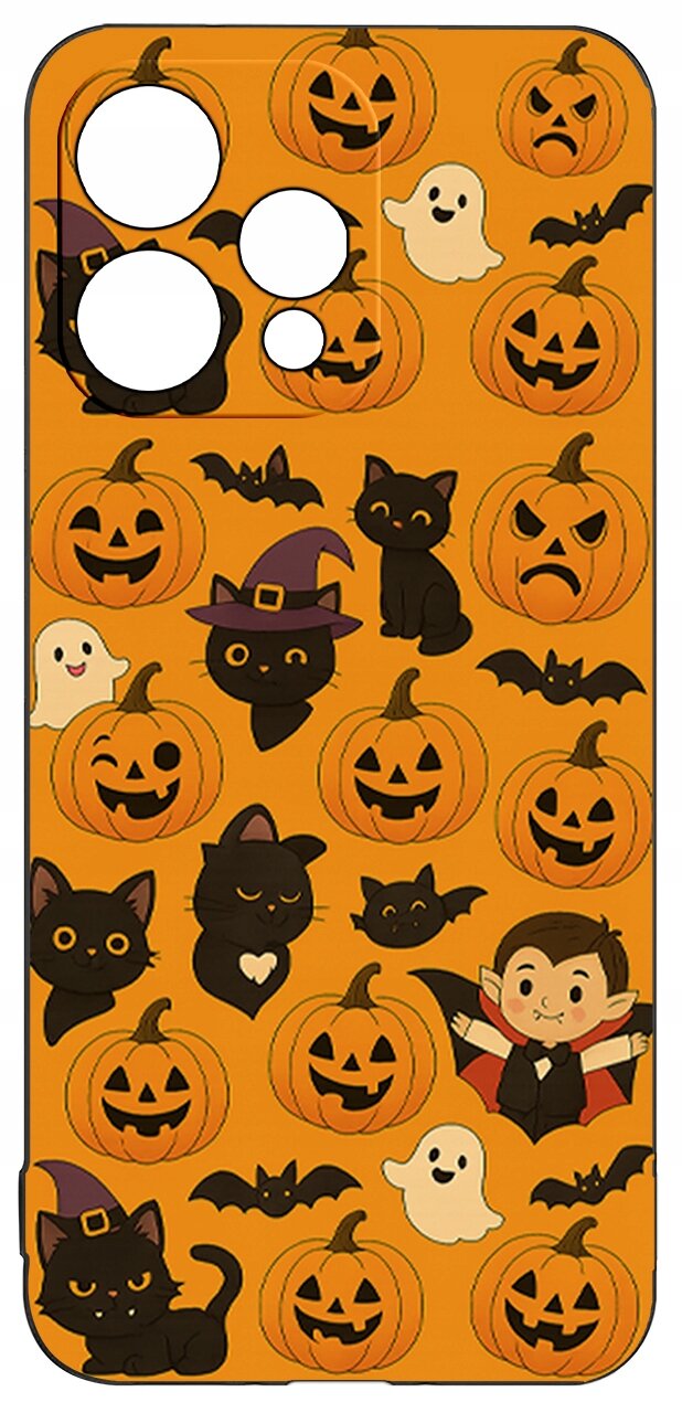 Etui na telefon z motywem Halloween, przedstawiające dynie, czarne koty, nietoperze, duchy i postać wampira na pomarańczowym tle.