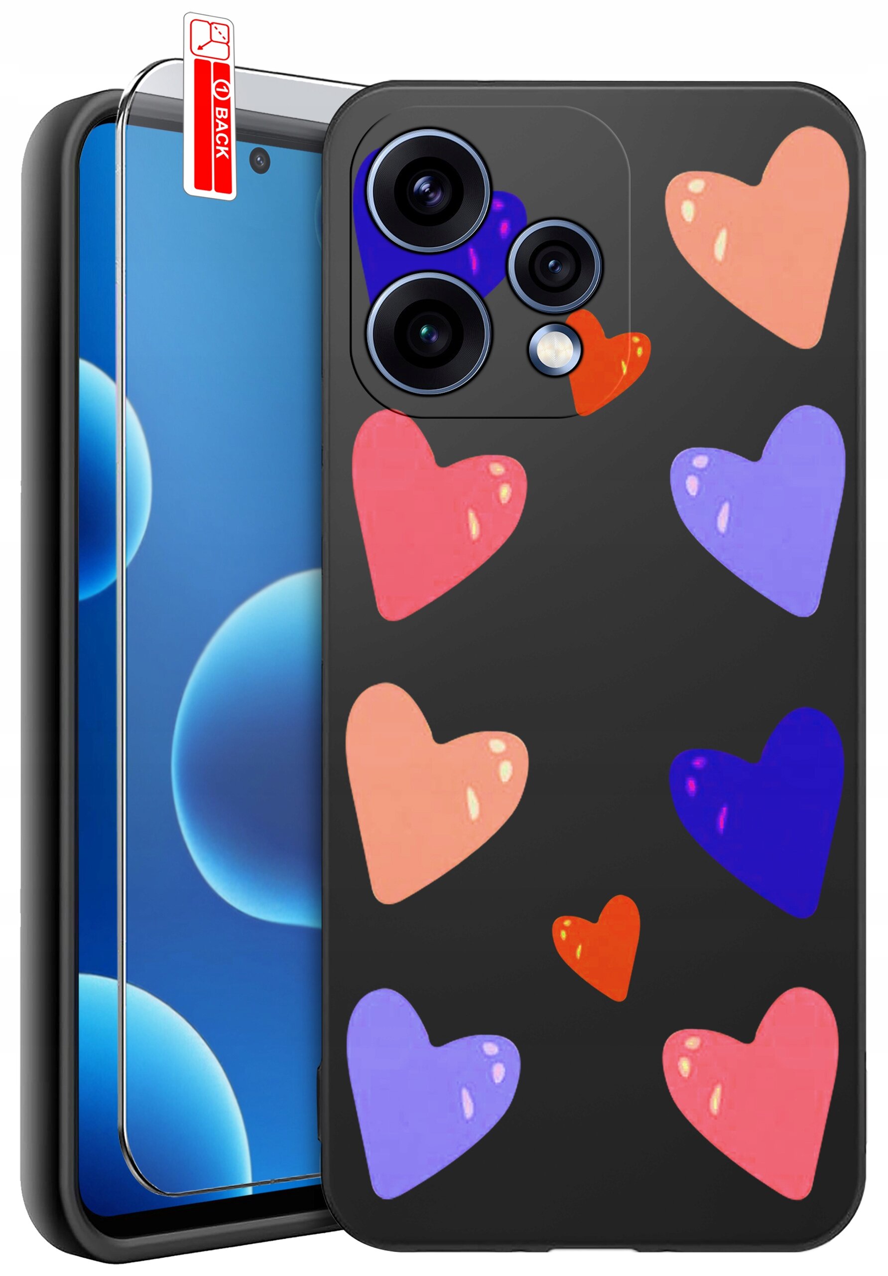 Etui na telefon z kolorowymi sercami na czarnym tle, obok znajduje się szkło ochronne z napisem \'BACK\'.