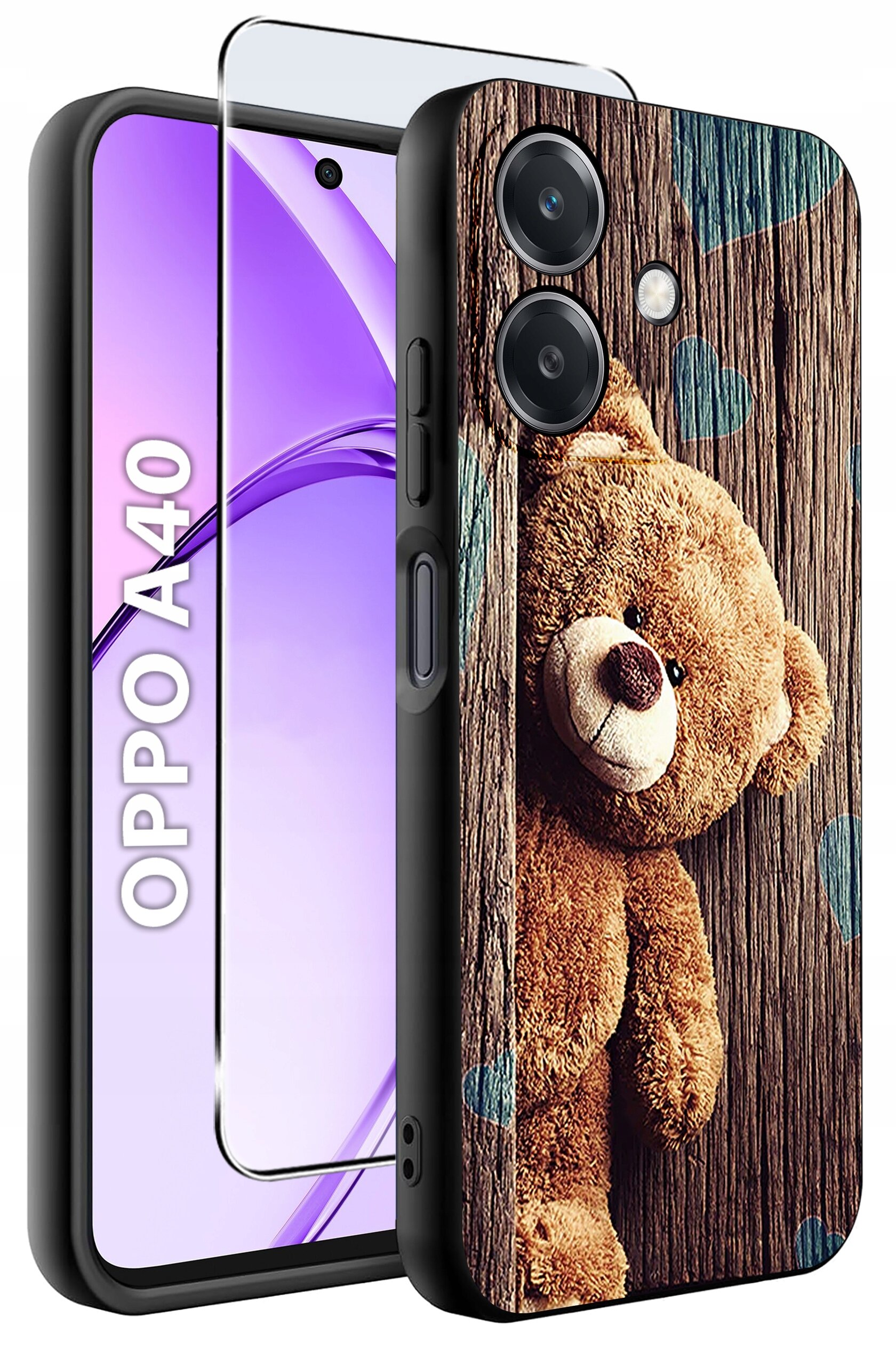 Etui na telefon z nadrukiem misia na tle drewnianej tekstury oraz szkło ochronne na ekran. Obok widoczny jest napis \'OPPO A40\'.