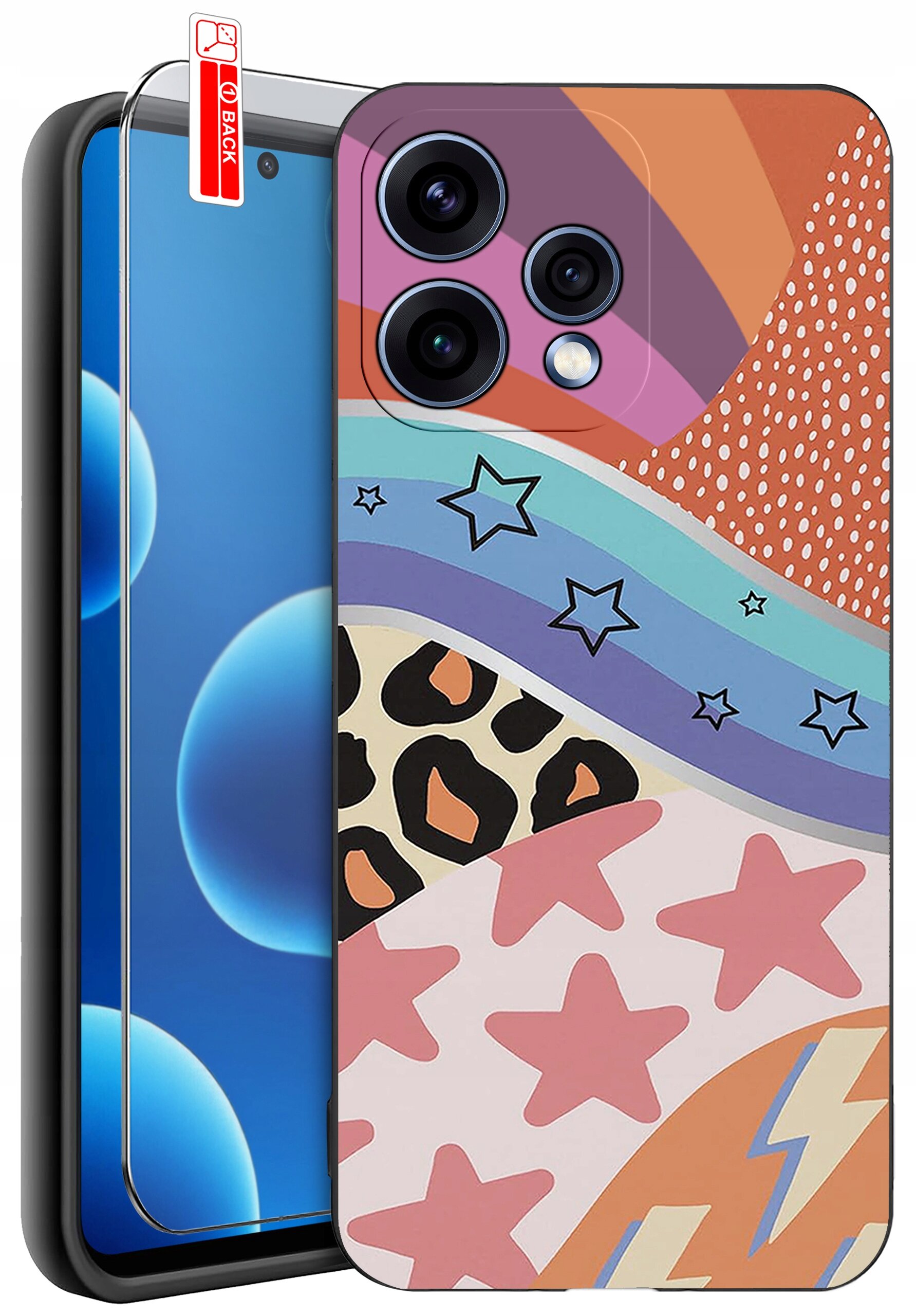 Etui na telefon z kolorowym wzorem w gwiazdy, paski i motywy zwierzęce. Obok znajduje się szkło ochronne z napisem \'BACK\'.