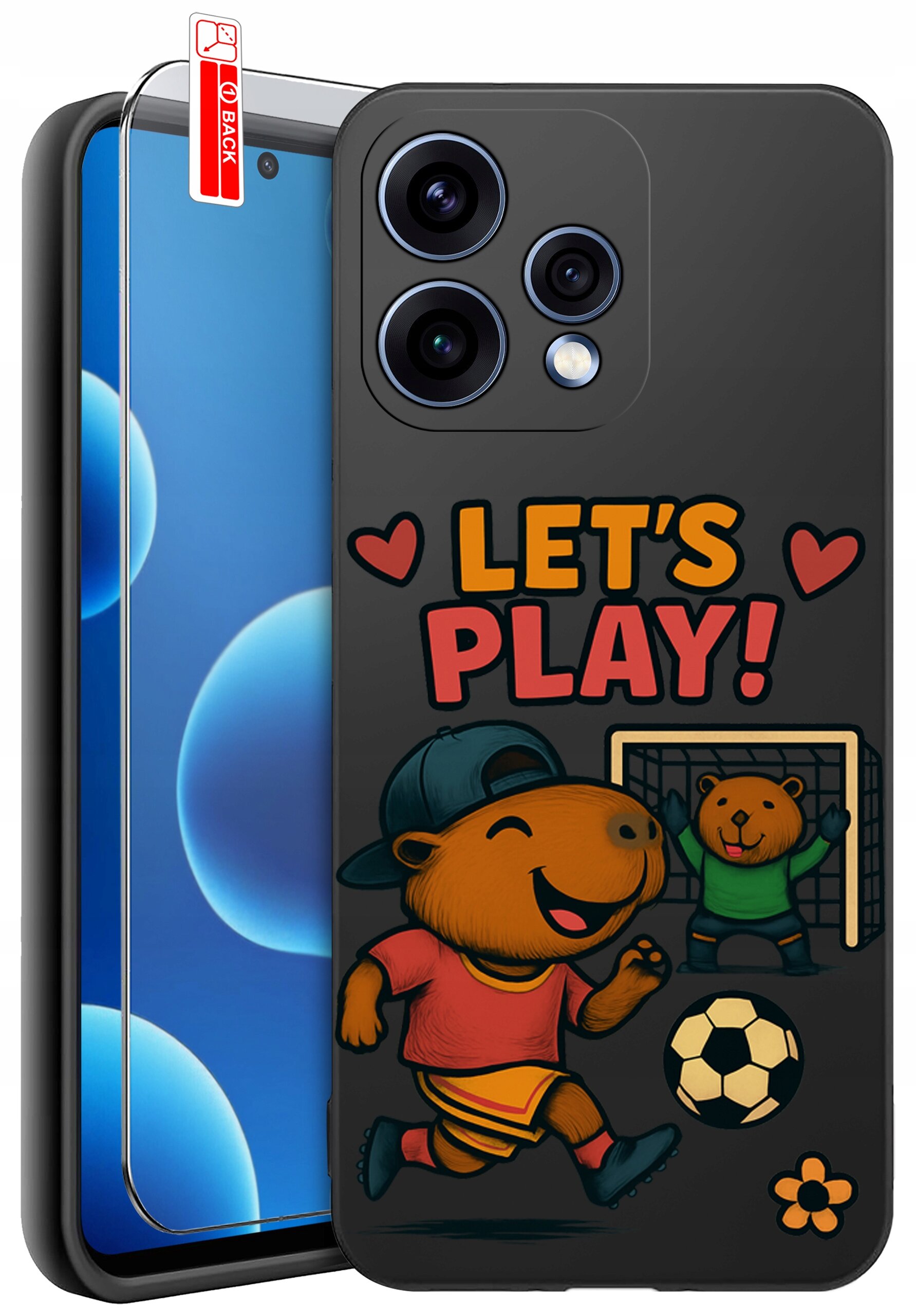 Etui na telefon z grafiką przedstawiającą dwie postacie zwierząt grające w piłkę nożną oraz napis \'LET\'S PLAY!\'. Obok etui znajduje się szkło ochronne z oznaczeniem \'BACK\'.