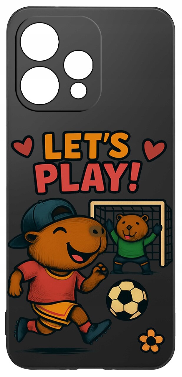 Czarne etui z kolorowym nadrukiem przedstawiającym zwierzęta grające w piłkę nożną oraz napis \'LET\'S PLAY!\'.