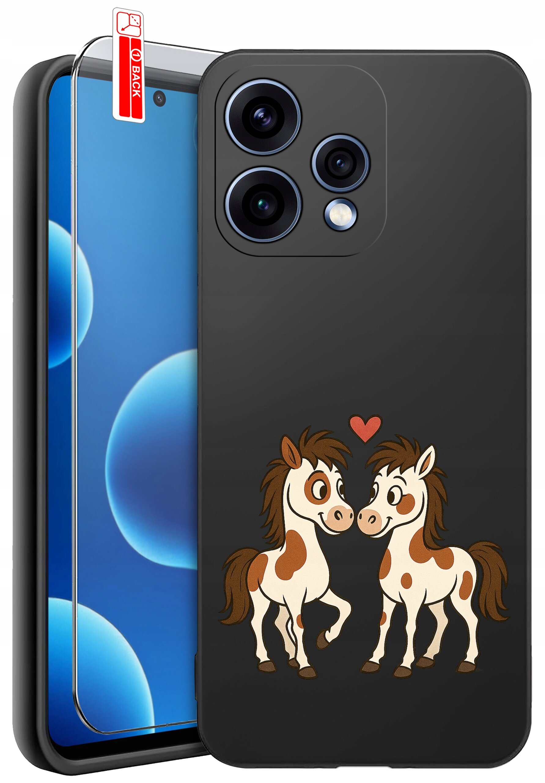 Czarne etui na telefon z nadrukiem dwóch uśmiechniętych koników i czerwonym sercem nad nimi. Obok znajduje się szkło ochronne z napisem \'BACK\'.