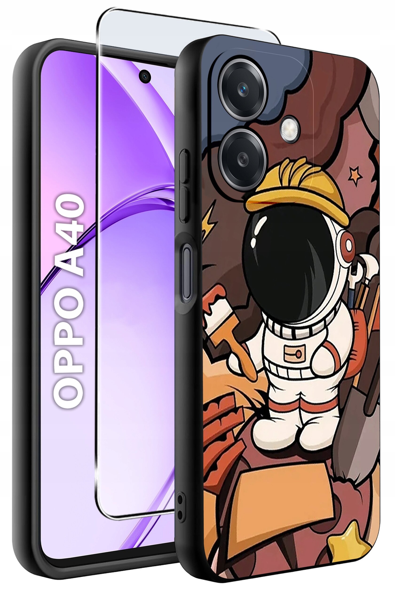 Obraz przedstawia etui na telefon z kolorowym wzorem astronauty w kasku na tle kosmicznego krajobrazu. Obok widoczny jest telefon z napisem \'OPPO A40\' oraz szkło ochronne.