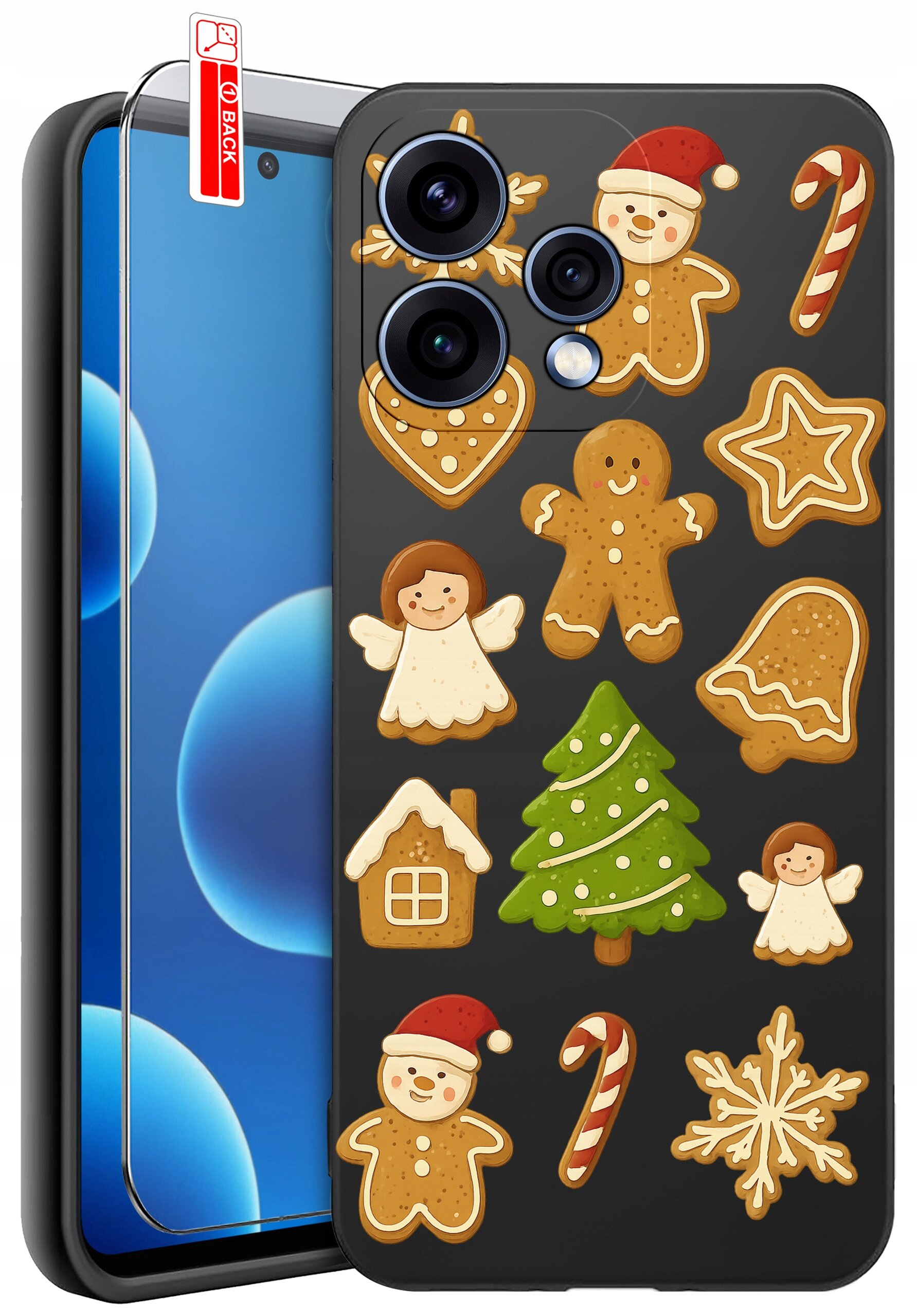 Etui na telefon z motywem świątecznych pierników, w tym choinki, aniołków i ludzików, oraz dołączone szkło ochronne z napisem \'BACK\'.