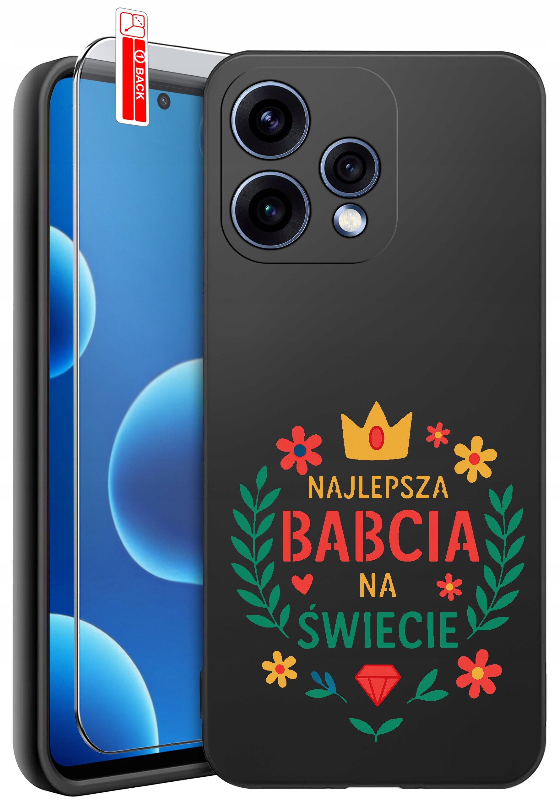 Czarne etui na telefon z kolorowym napisem \'Najlepsza Babcia na Świecie\', ozdobione kwiatami, koroną i diamentem. Obok znajduje się szkło ochronne z oznaczeniem \'BACK\'.