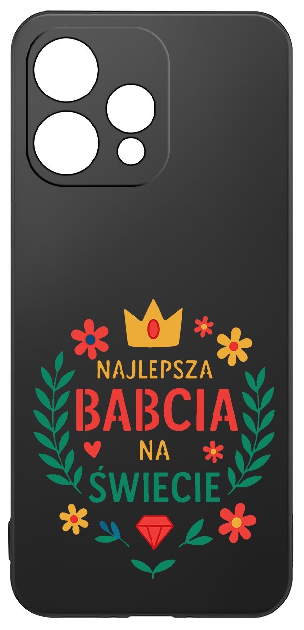 Czarne etui z kolorowym napisem \'NAJLEPSZA BABCIA NA ŚWIECIE\', ozdobione kwiatami, koroną i diamentem.