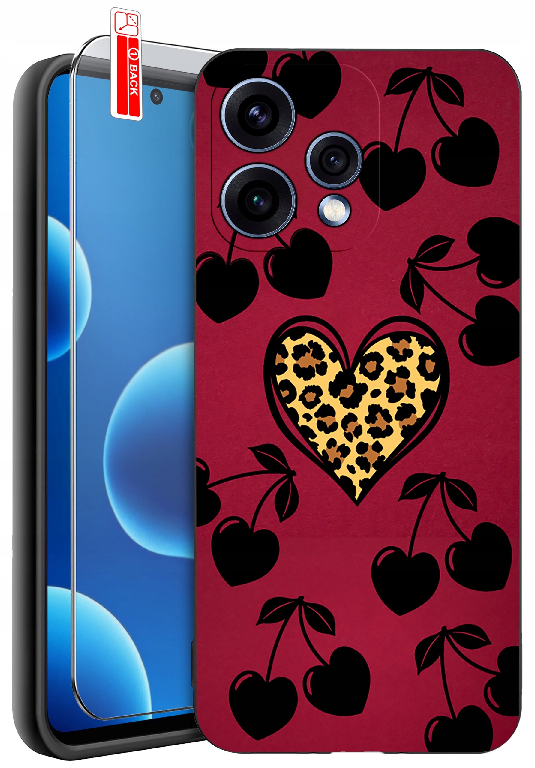 Etui na telefon z czerwonym tłem, ozdobione czarnymi sercami i jednym sercem z wzorem w cętki. Obok etui znajduje się szkło ochronne z napisem \'BACK\'.