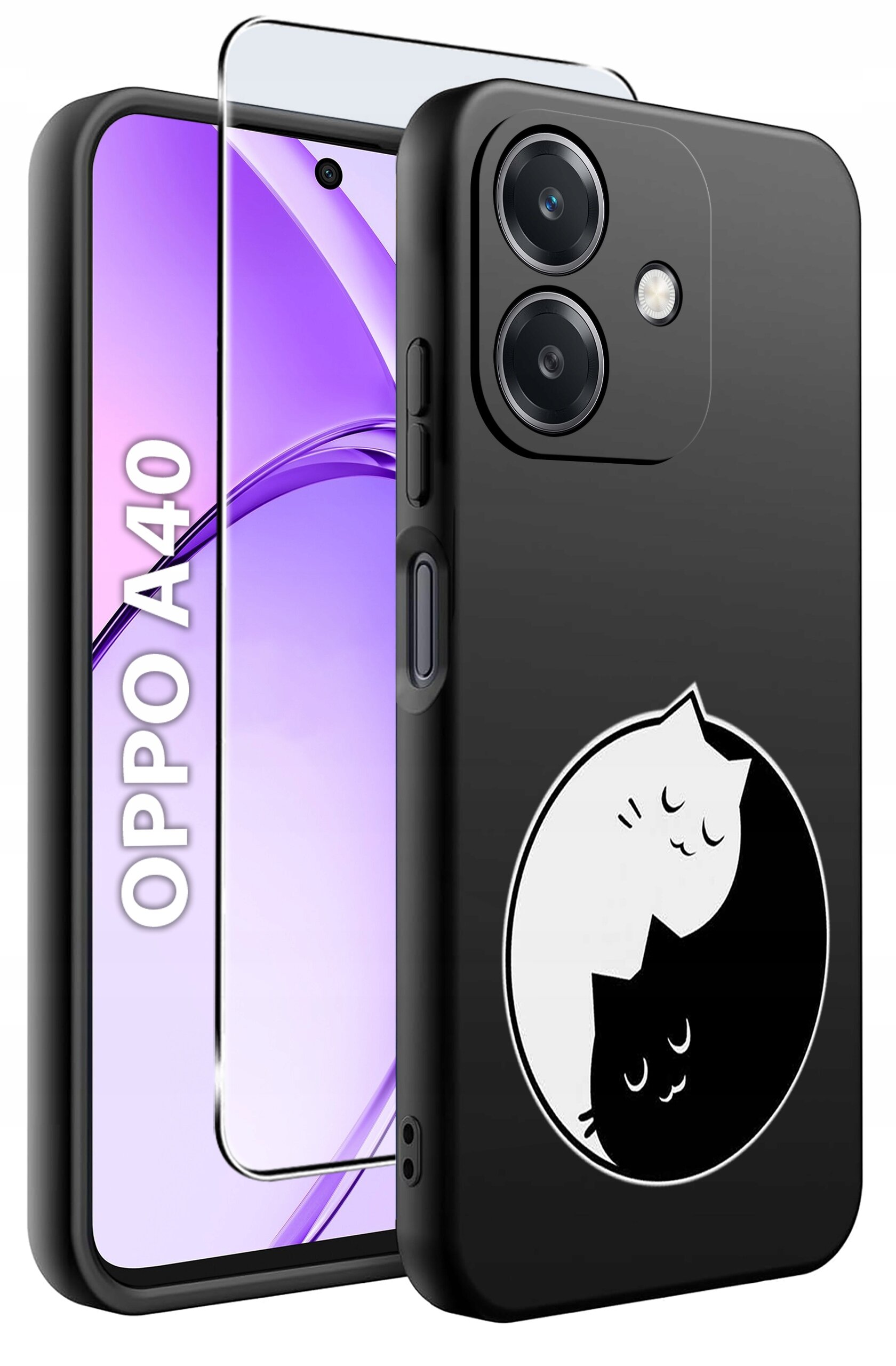 Obraz przedstawia czarne silikonowe etui na telefon z grafiką dwóch kotów w okręgu, jedno białe, drugie czarne. Obok etui widoczny jest telefon z napisem \'OPPO A40\' na ekranie oraz szkło ochronne.