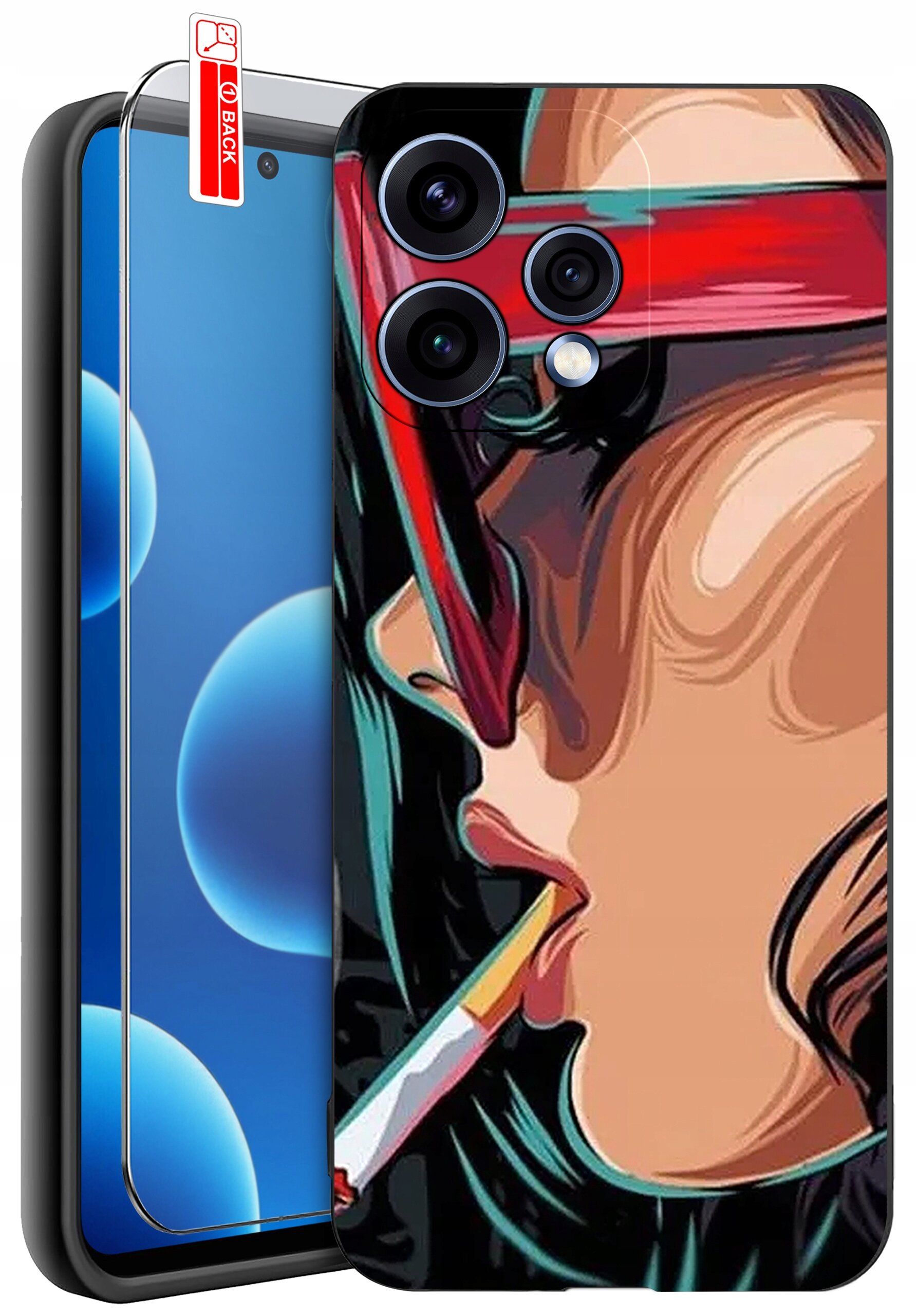 Etui na telefon z kolorowym wzorem przedstawiającym stylizowaną postać z okularami i papierosem. Obok znajduje się szkło ochronne z oznaczeniem \'BACK\'.