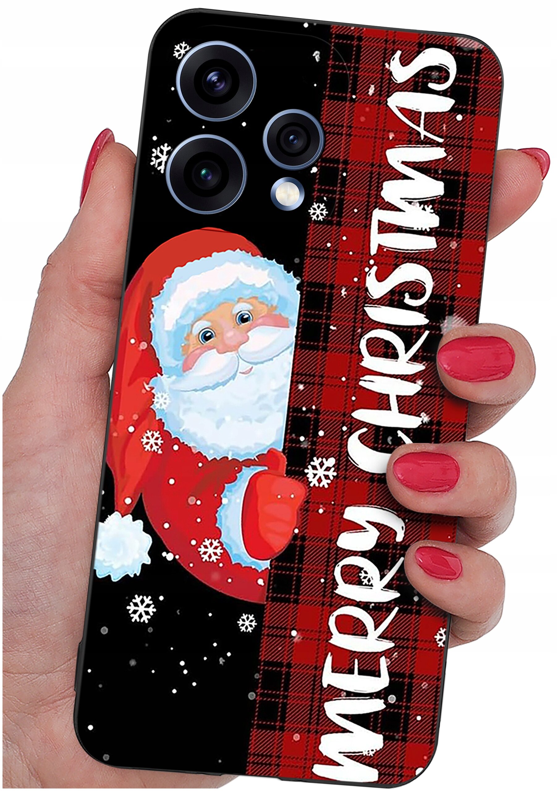 Etui na telefon z motywem świątecznym przedstawiające Świętego Mikołaja na tle czarno-czerwonej kratki z napisem \'MERRY CHRISTMAS\'. Etui trzymane jest w dłoni z pomalowanymi na czerwono paznokciami.