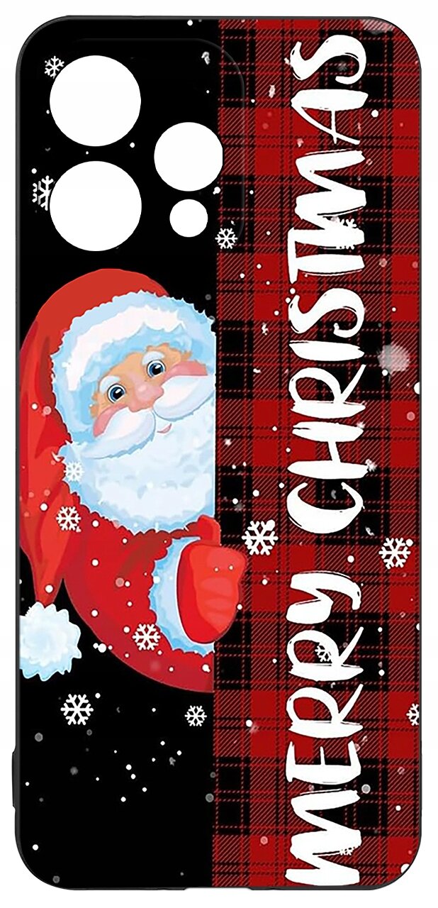 Etui na telefon z wizerunkiem Świętego Mikołaja na tle czerwonej kratki i napisem \'MERRY CHRISTMAS\'.