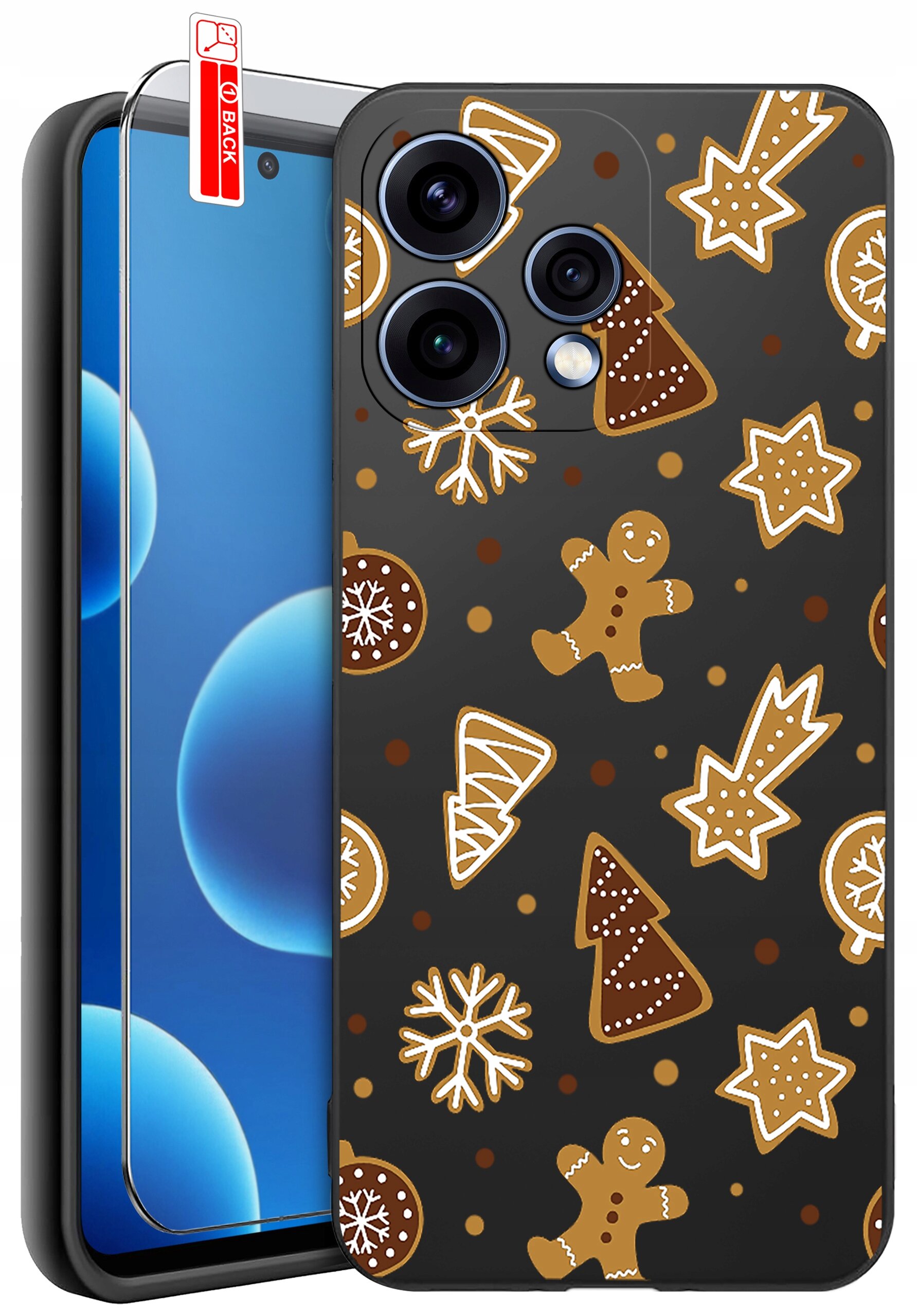 Na obrazie widoczne jest etui na telefon z motywem pierników, gwiazdek i choinek na ciemnym tle. Obok znajduje się szkło ochronne z napisem \'BACK\'.