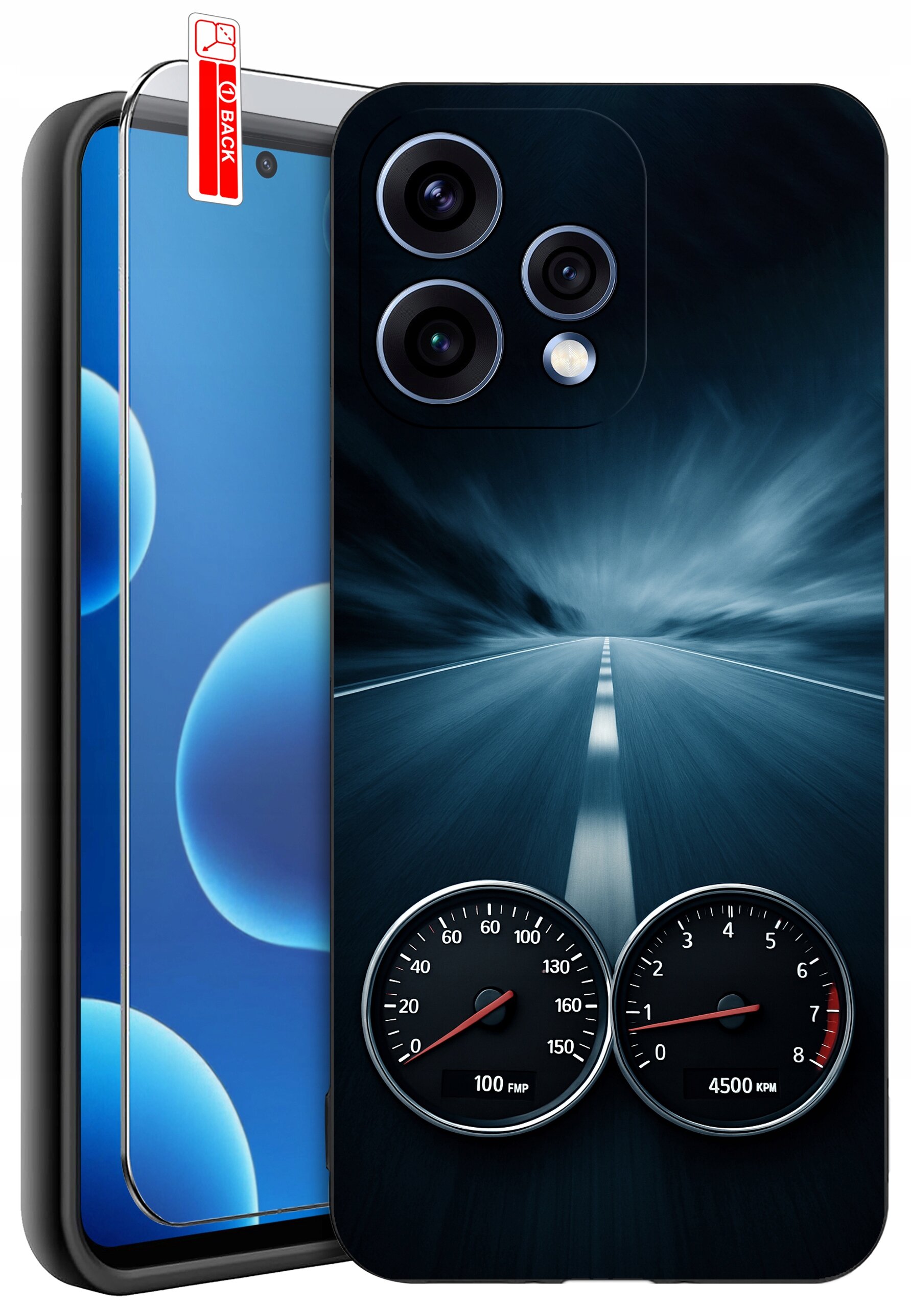 Etui na telefon z motywem drogi i prędkościomierzy, obok znajduje się szkło ochronne z oznaczeniem \'BACK\'.