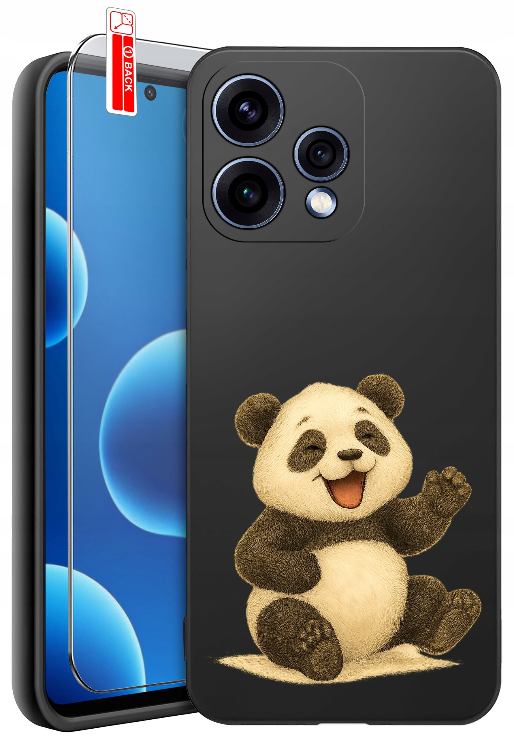 Czarne etui na telefon z nadrukiem uśmiechniętej pandy, obok szkło ochronne z oznaczeniem \'BACK\'.