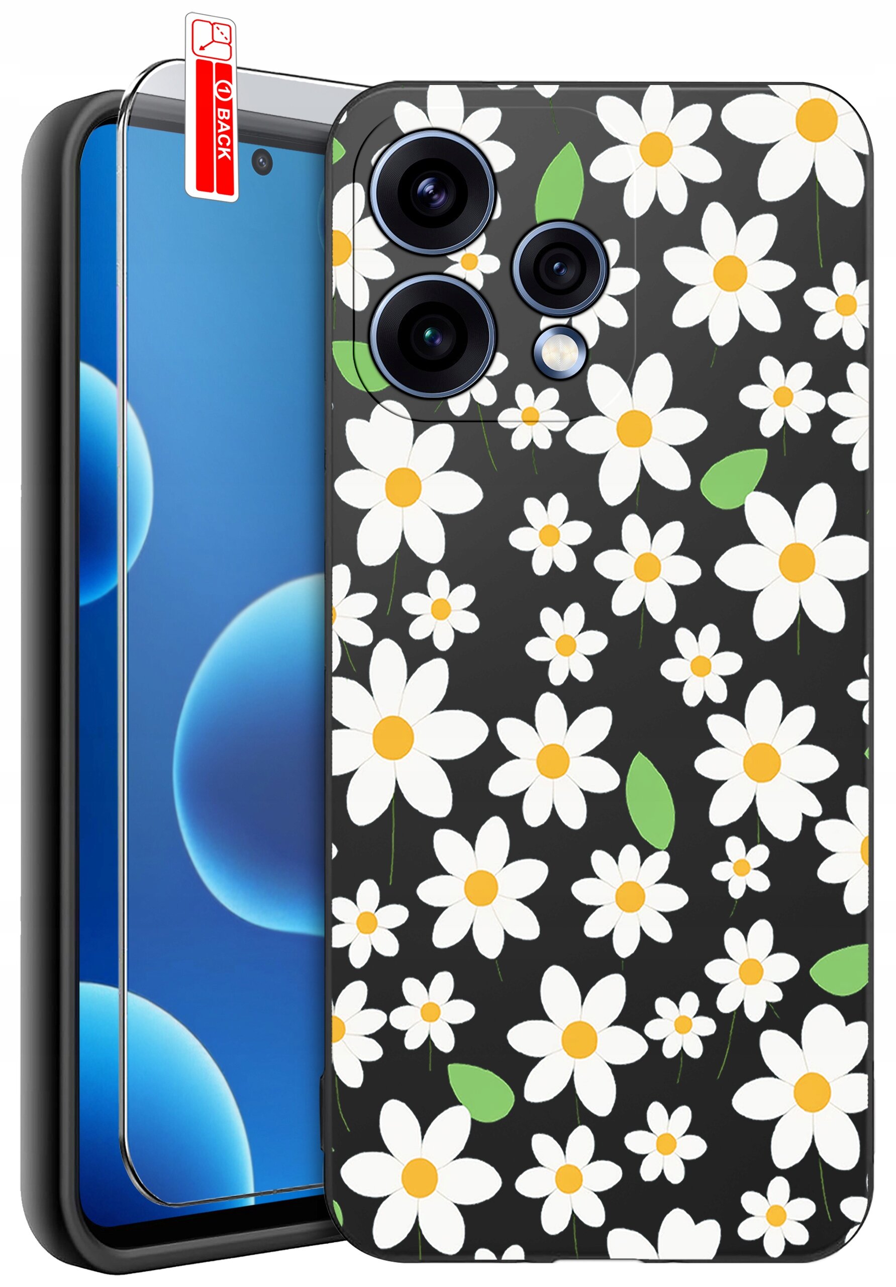 Etui na telefon z wzorem białych kwiatów na czarnym tle, obok znajduje się szkło ochronne z napisem \'BACK\'.