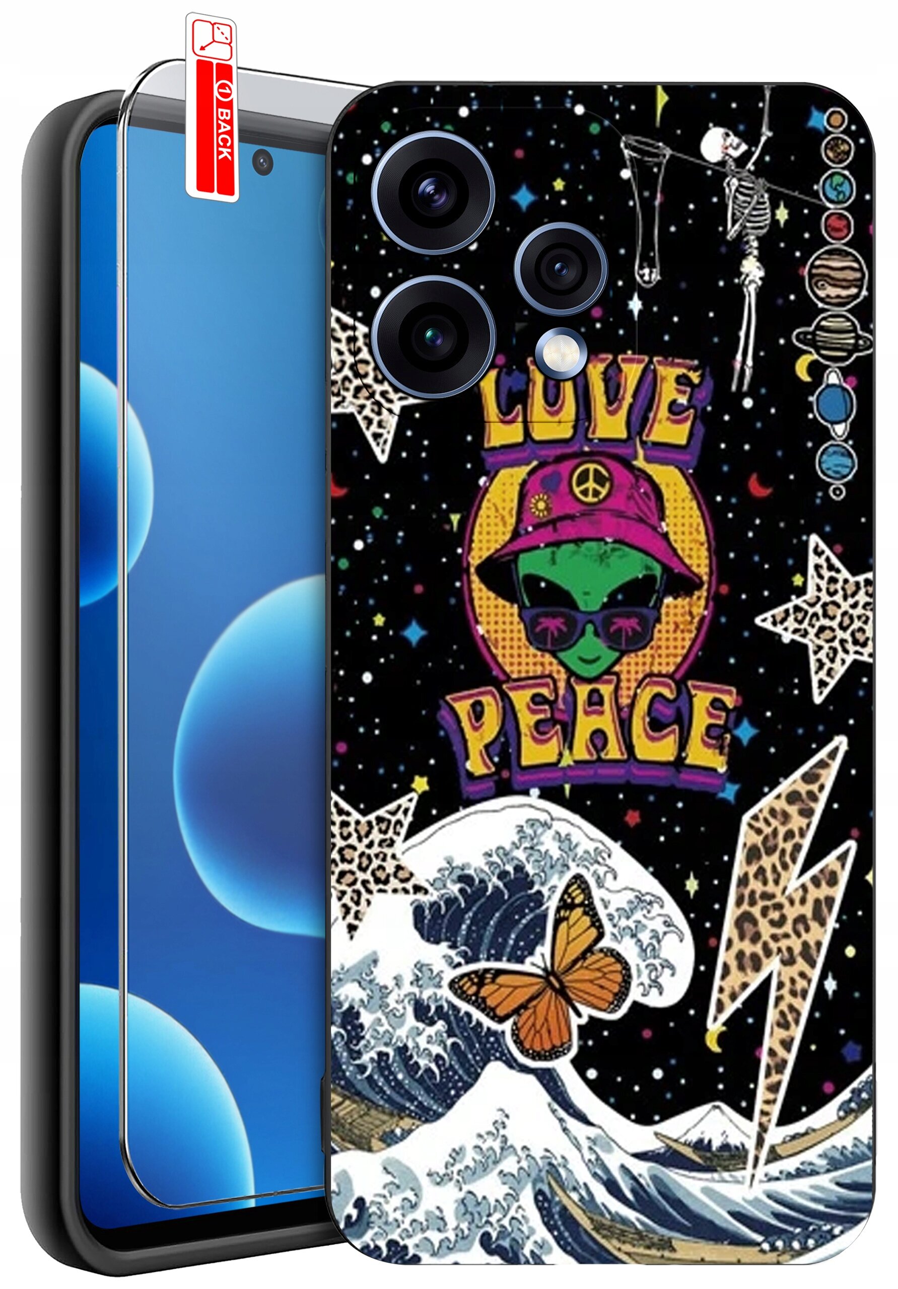 Etui na telefon z kolorowym wzorem przedstawiającym zielonego kosmitę w kapeluszu z symbolem pokoju, napis \'LOVE PEACE\', fale, motyla i gwiazdy. Obok etui znajduje się szkło ochronne z oznaczeniem \'BACK\'.