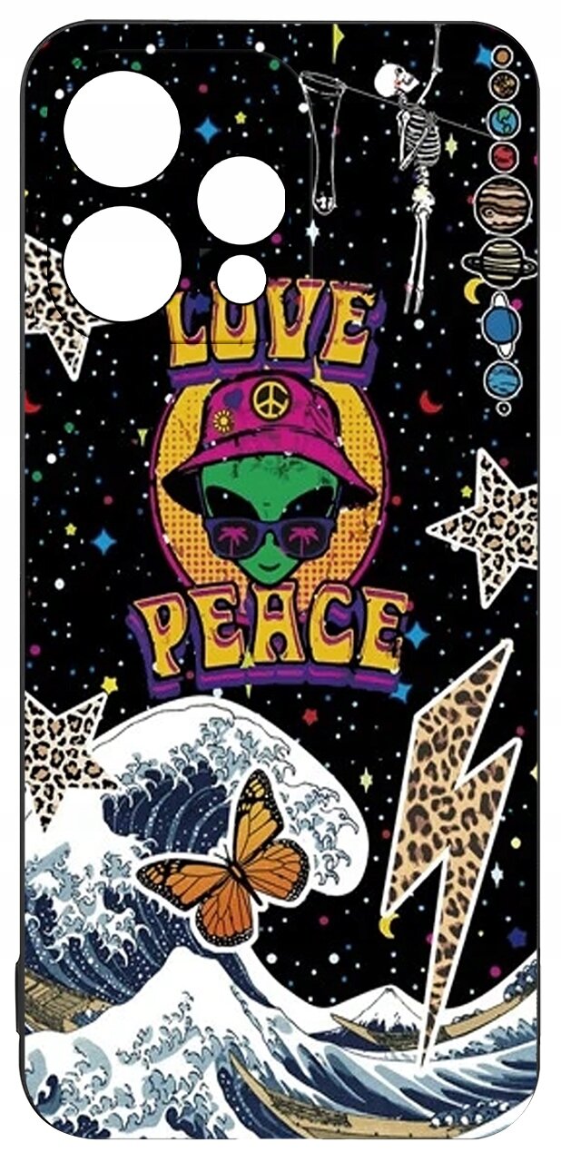Etui z kolorowym wzorem przedstawiającym zieloną postać w kapeluszu z napisem \'LOVE PEACE\', otoczoną gwiazdami, falą, motylem i błyskawicą w panterkę na tle nocnego nieba. Po prawej stronie widoczne są planety i szkielety.
