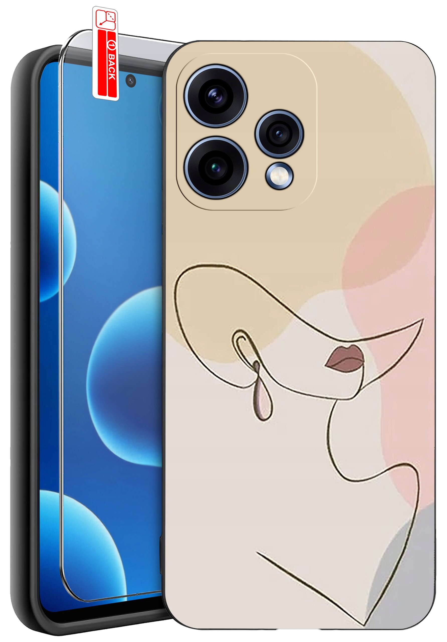 Etui na telefon z abstrakcyjnym wzorem przedstawiającym twarz w minimalistycznym stylu, z trzema wycięciami na aparaty. Obok znajduje się szkło ochronne z czerwoną etykietą \'BACK\'.