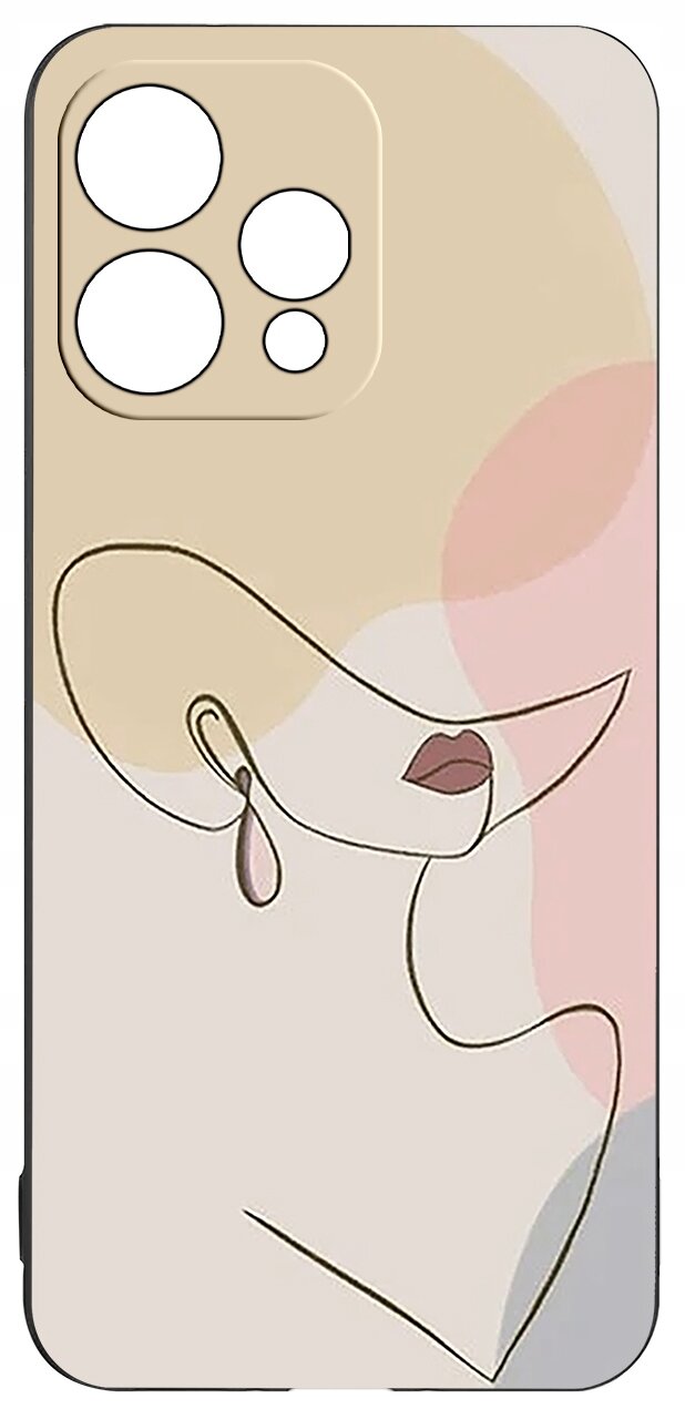 Etui na telefon z abstrakcyjnym wzorem przedstawiającym twarz w minimalistycznym stylu, w pastelowych kolorach beżu, różu i szarości.