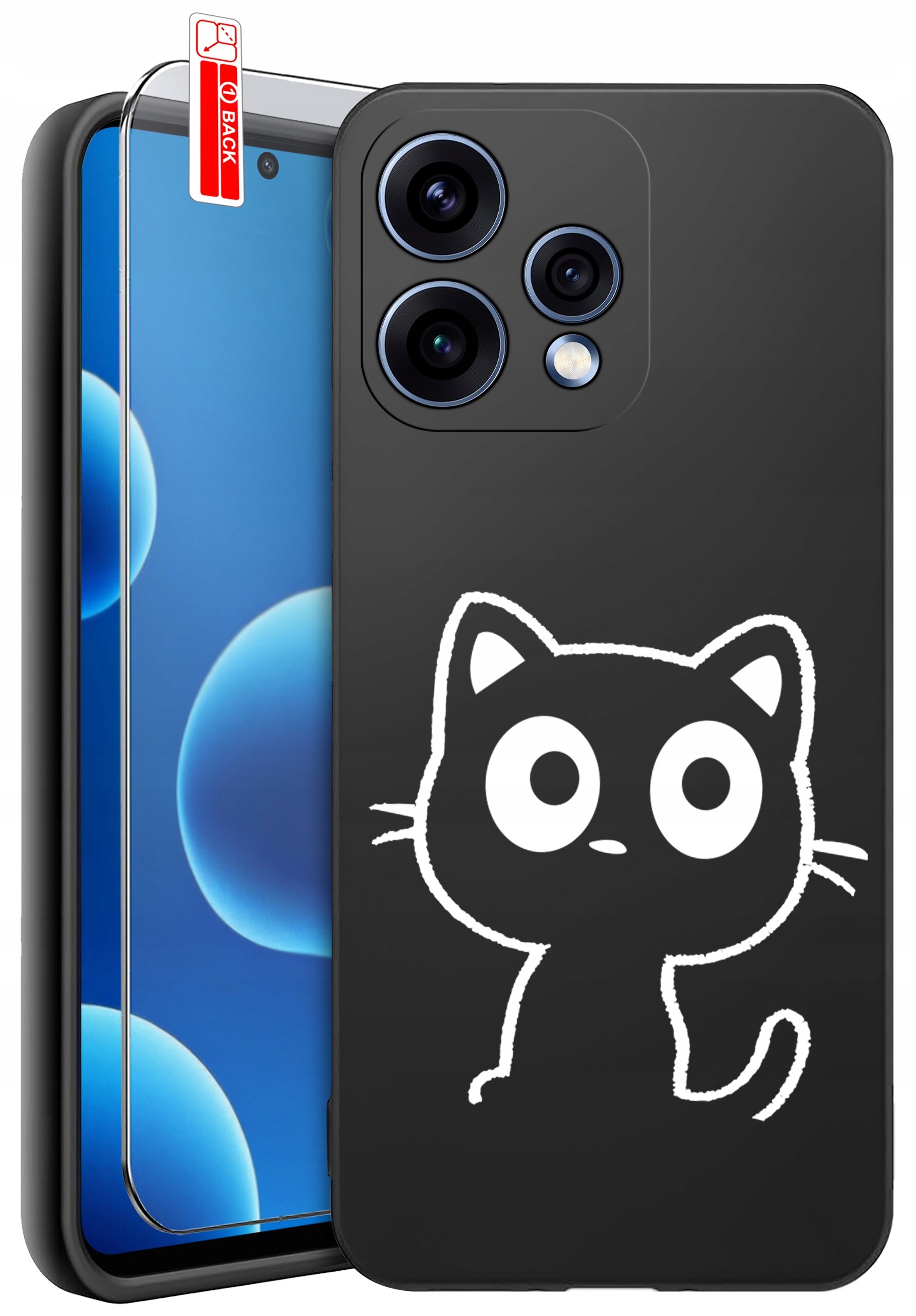Czarne etui na telefon z białym rysunkiem kota, obok którego znajduje się szkło ochronne z napisem \'BACK\'.