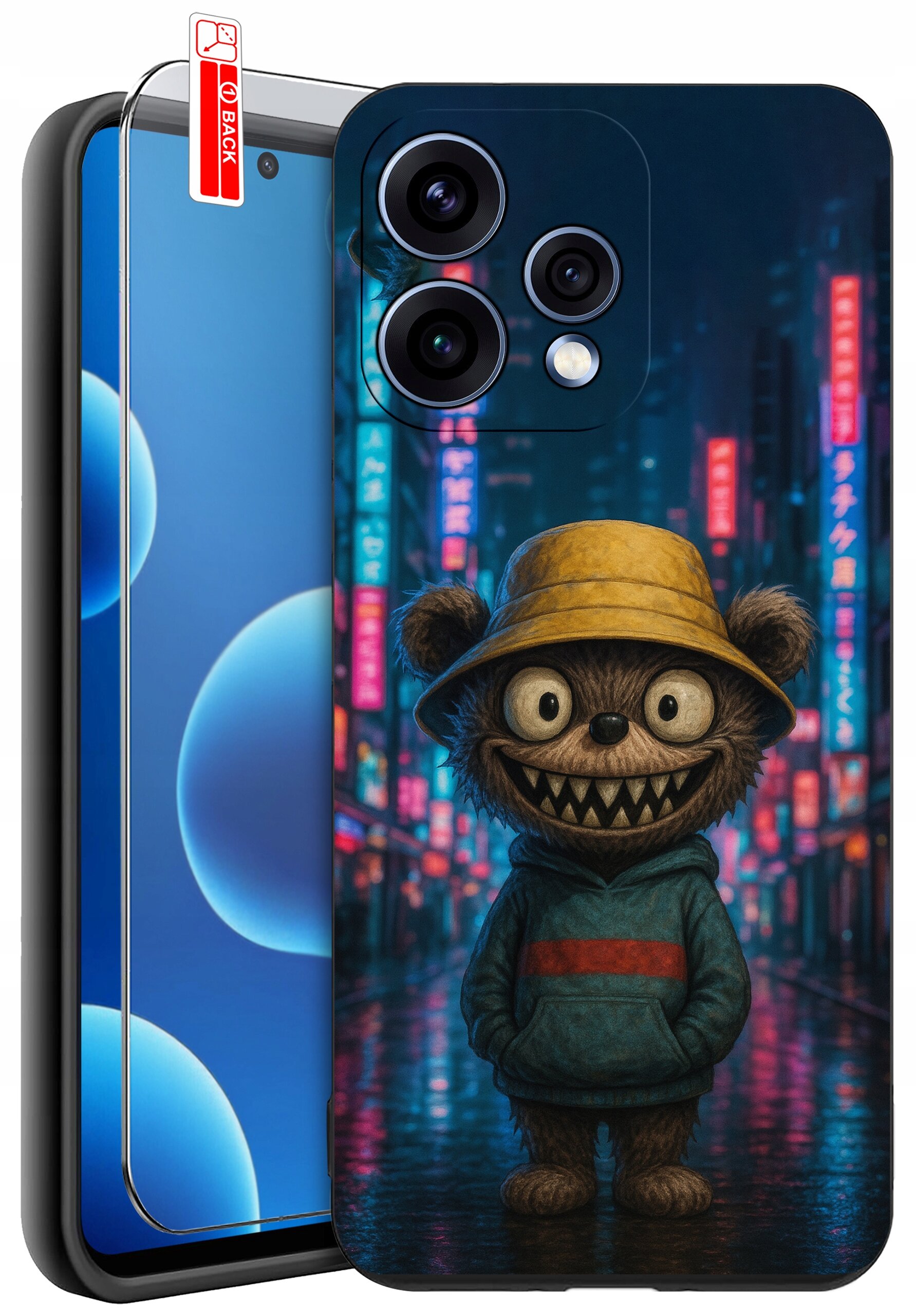 Etui na telefon z nadrukiem postaci przypominającej misia w kapeluszu, na tle neonowego miasta. Obok etui znajduje się szkło ochronne z napisem \'BACK\'.