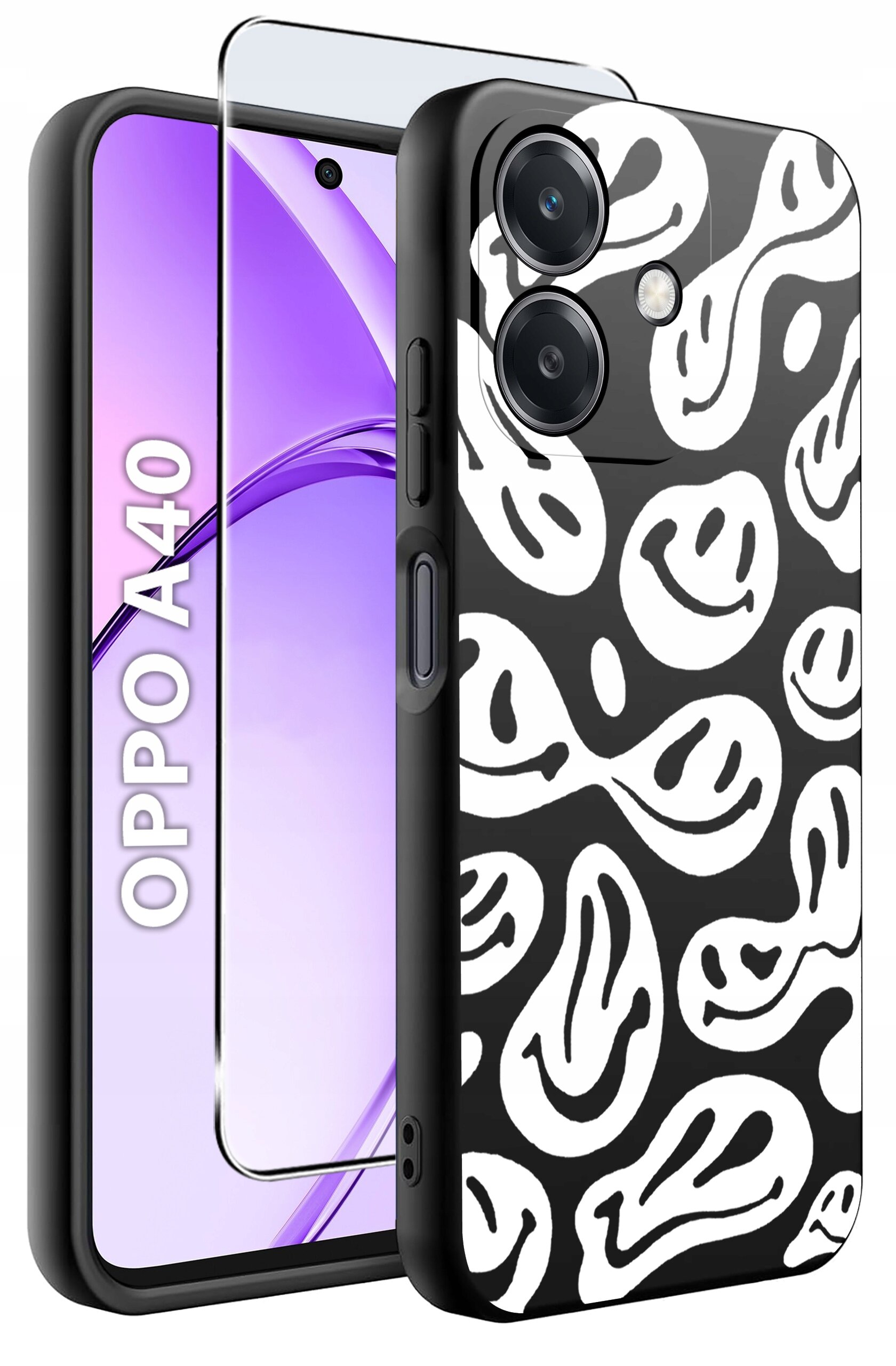 Obraz przedstawia etui na telefon z czarno-białym wzorem oraz szkło ochronne. Na ekranie telefonu widoczny jest napis \'OPPO A40\'.