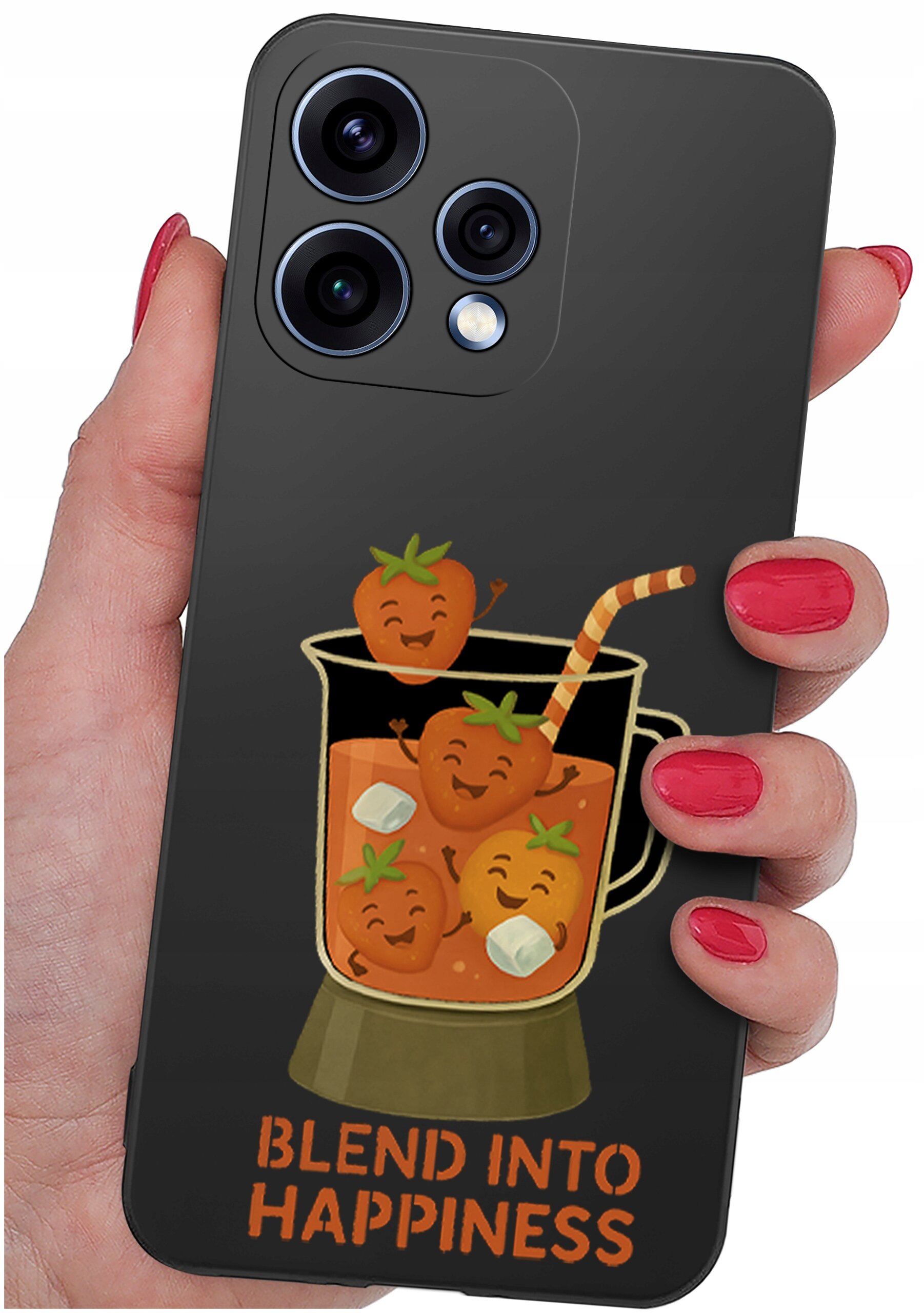 Etui na telefon z grafiką przedstawiającą uśmiechnięte truskawki w blenderze z napisem \'BLEND INTO HAPPINESS\'.