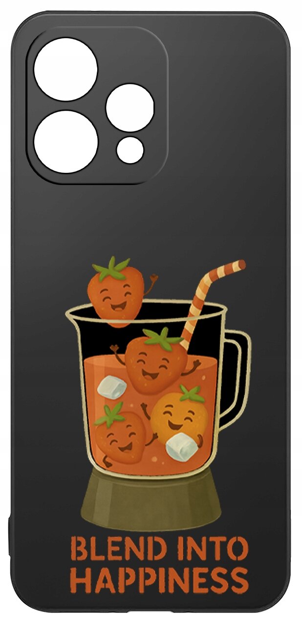 Czarne etui z grafiką przedstawiającą uśmiechnięte truskawki w blenderze z napisem \'BLEND INTO HAPPINESS\'.