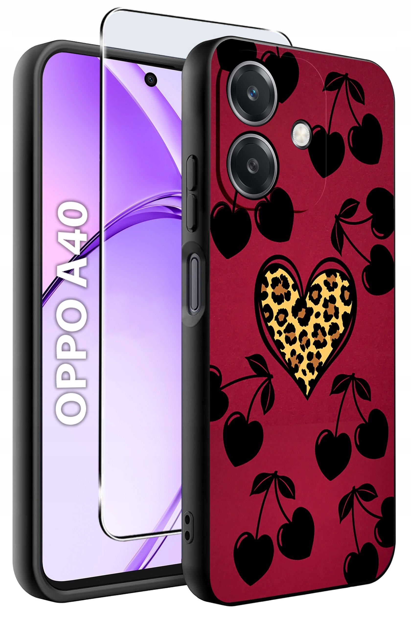 Obraz przedstawia etui na telefon z motywem serca w panterkę i czarnymi wisienkami na czerwonym tle. Obok widoczny jest telefon z napisem \'OPPO A40\' oraz szkło ochronne.