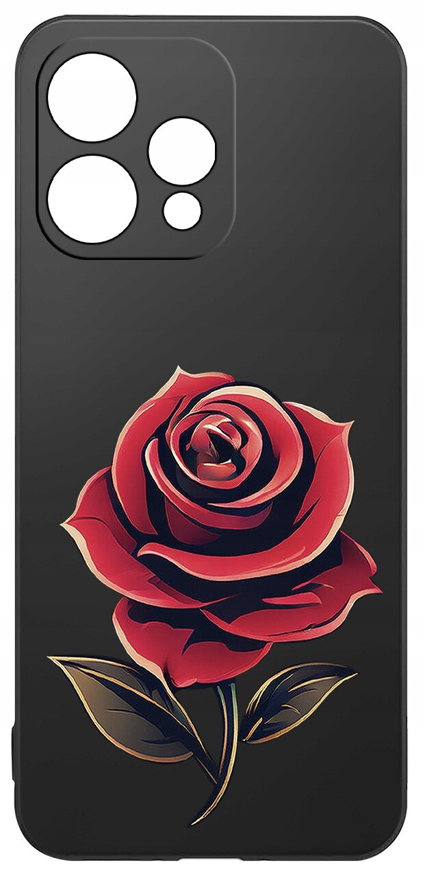 Czarne etui z nadrukiem czerwonej róży z zielonymi liśćmi, przeznaczone na telefon z trzema otworami na aparat.