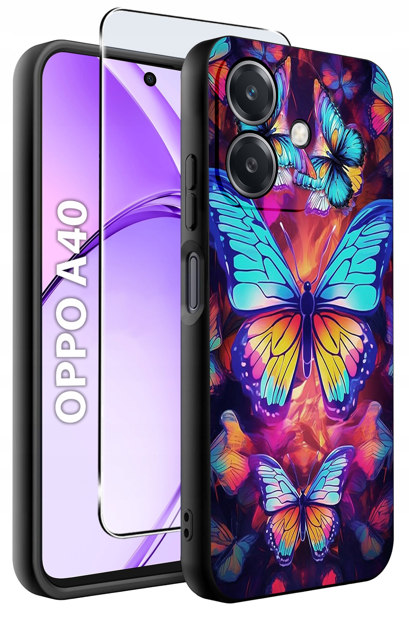 Obraz przedstawia etui na telefon z kolorowym wzorem motyli oraz szkło ochronne. Na ekranie telefonu widoczny jest napis \'OPPO A40\'.