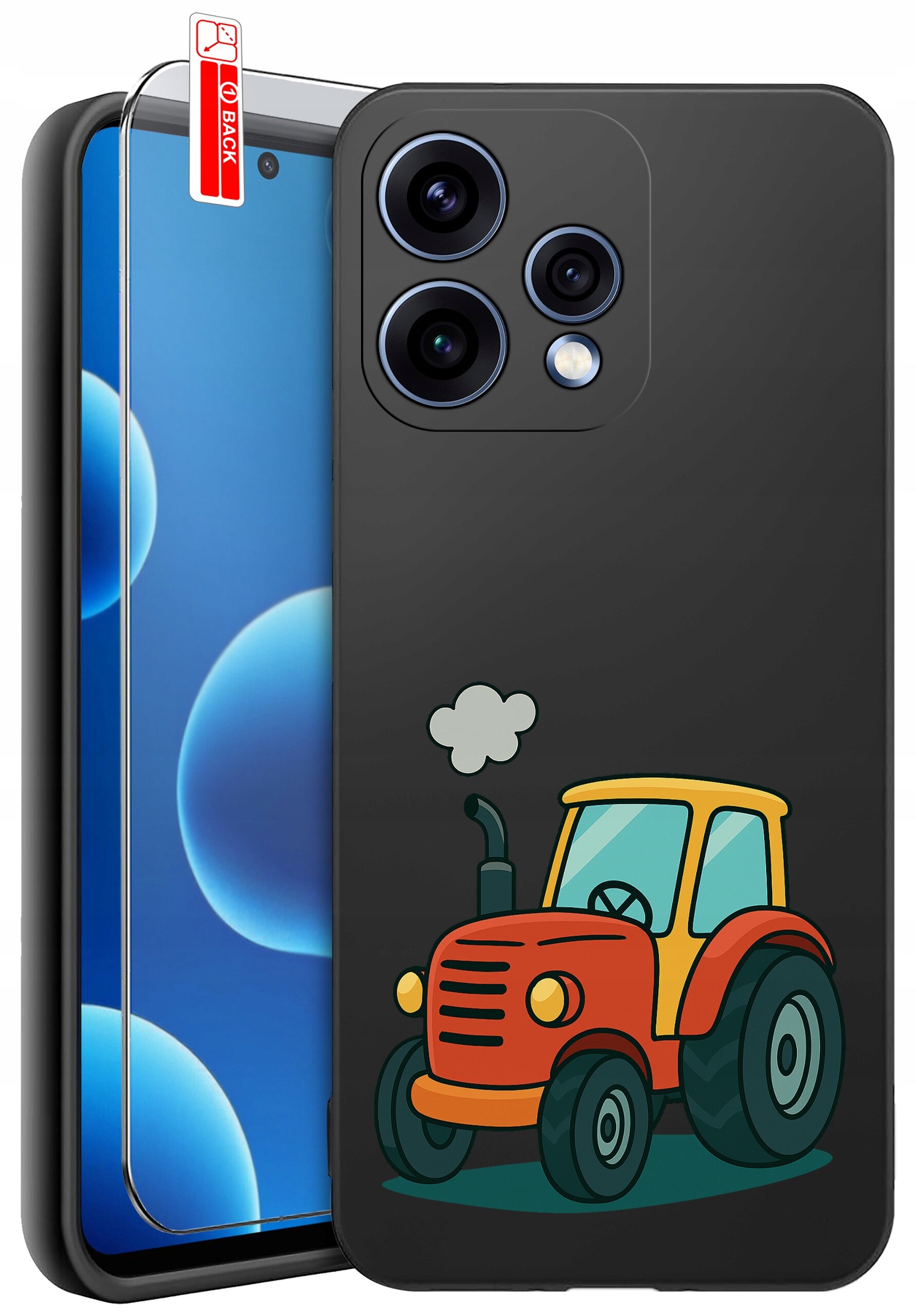 Etui na telefon z czarnym tłem i kolorowym rysunkiem czerwonego traktora. Obok etui znajduje się szkło ochronne z naklejką \'BACK\'.
