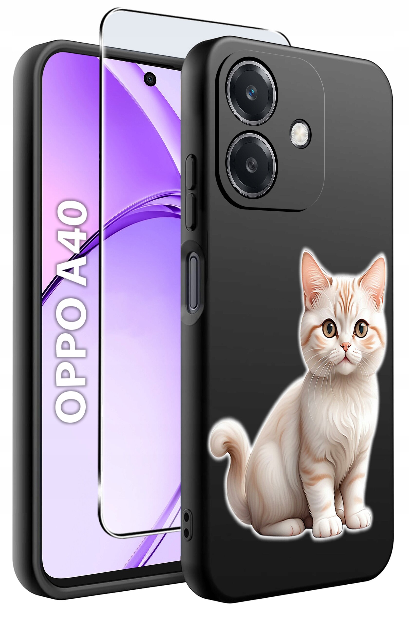 Obraz przedstawia etui na telefon z grafiką kota oraz szkło ochronne. Na ekranie telefonu widoczny jest napis \'OPPO A40\'.