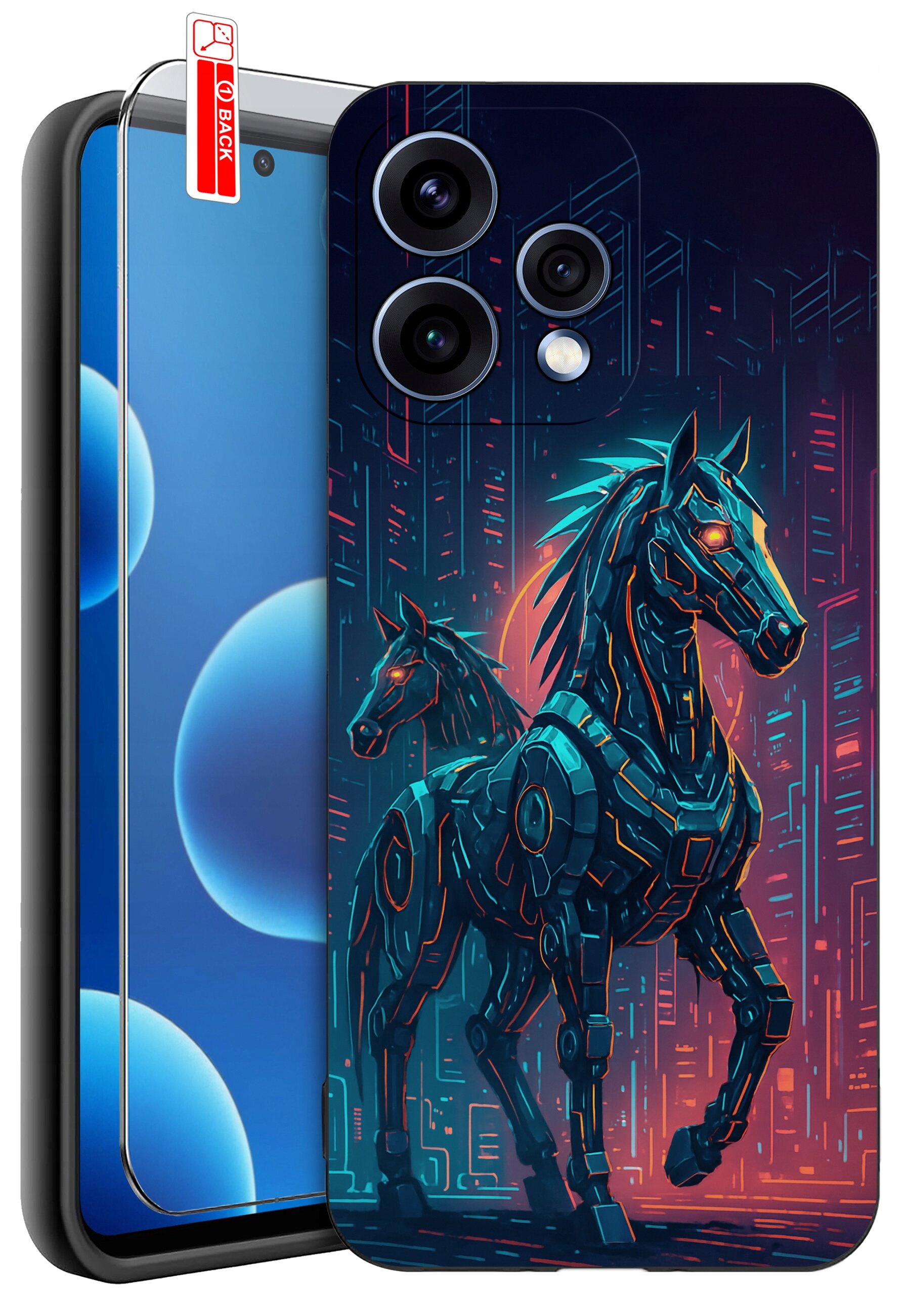 Etui na telefon z grafiką przedstawiającą dwa futurystyczne konie w stylu cyberpunkowym, na tle abstrakcyjnego miasta. Obok etui znajduje się telefon z nałożonym szkłem ochronnym z napisem \'BACK\'.