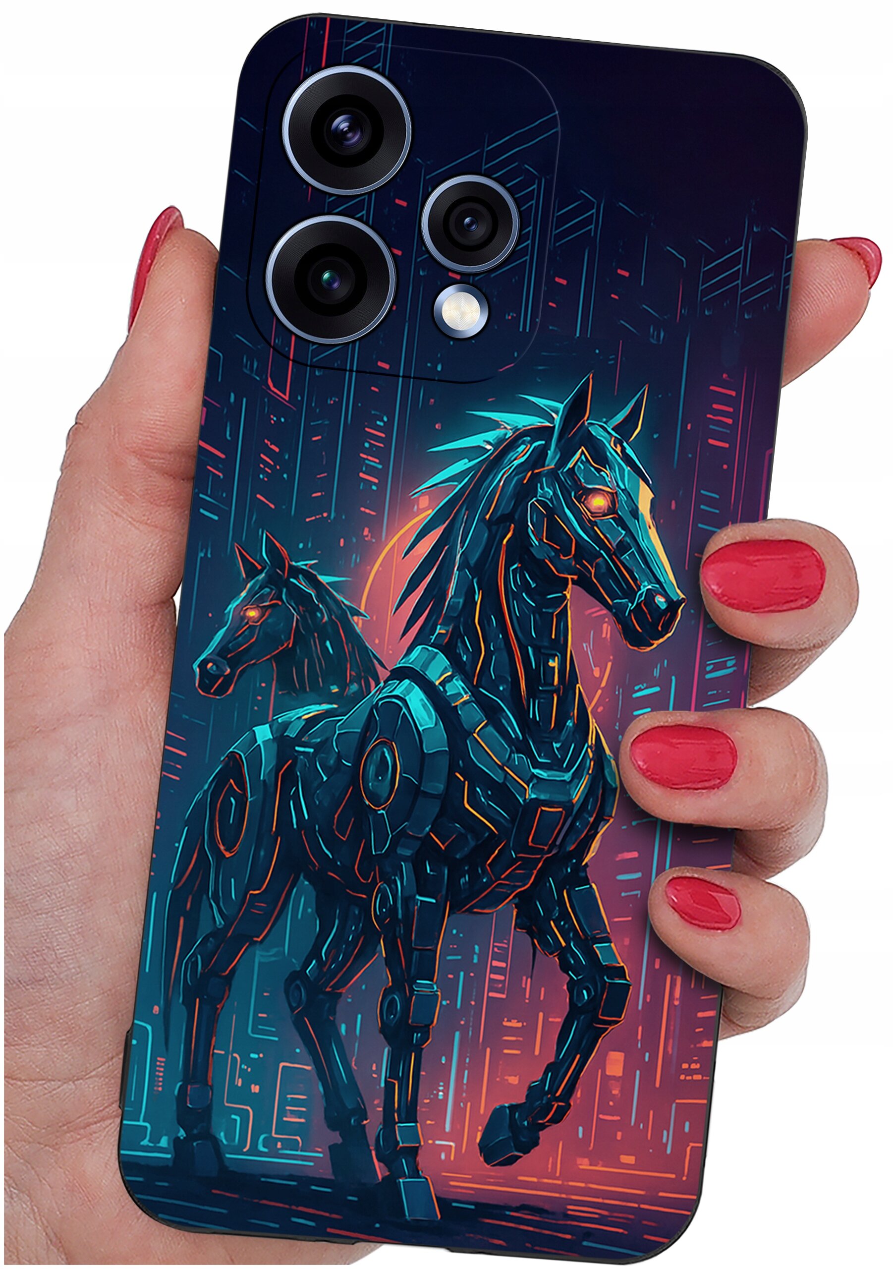 Etui na telefon z grafiką przedstawiającą dwa futurystyczne konie w neonowych kolorach. Etui trzymane jest w dłoni z pomalowanymi na czerwono paznokciami.