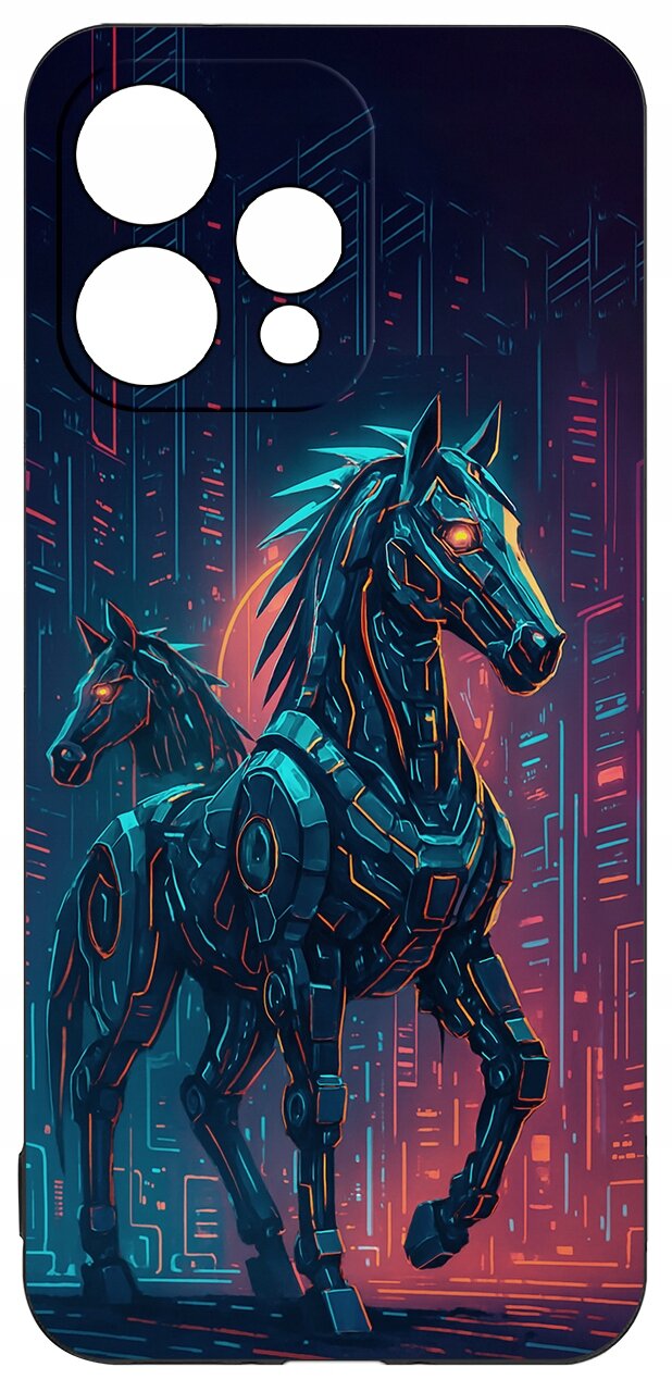 Etui na telefon z grafiką przedstawiającą dwa futurystyczne konie w stylu cyberpunkowym, na tle neonowych wzorów. Etui ma wycięcia na aparat i przyciski.