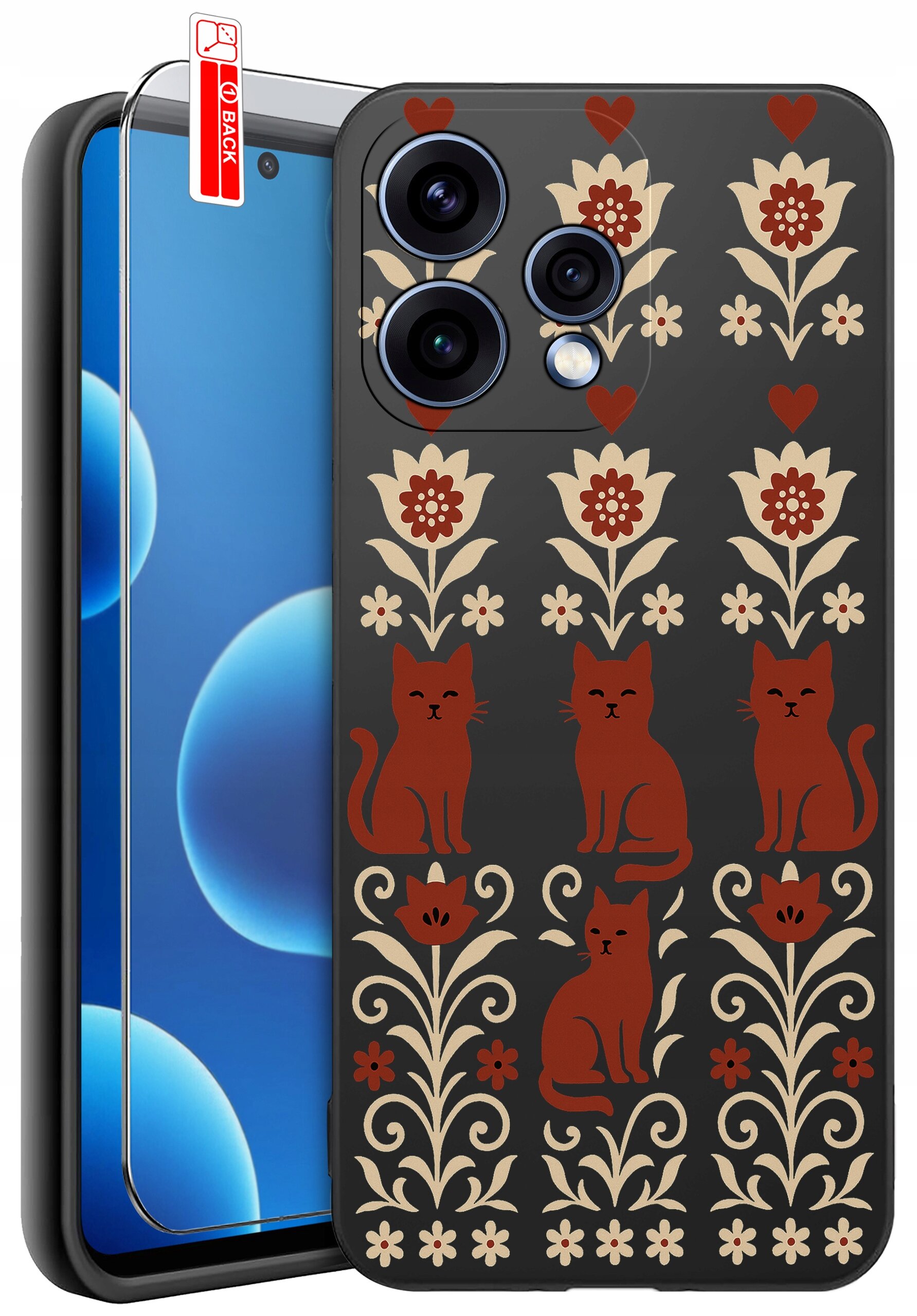 Etui na telefon z wzorem przedstawiającym czerwone koty i kwiaty na ciemnym tle. Obok znajduje się szkło ochronne z etykietą \'BACK\'.