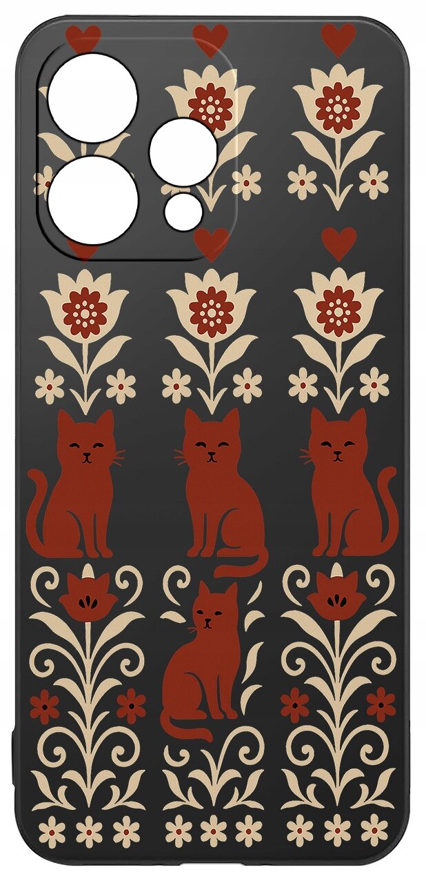 Etui na telefon z wzorem przedstawiającym czerwone koty i kwiaty na ciemnym tle. Wzór jest symetryczny i powtarzalny.