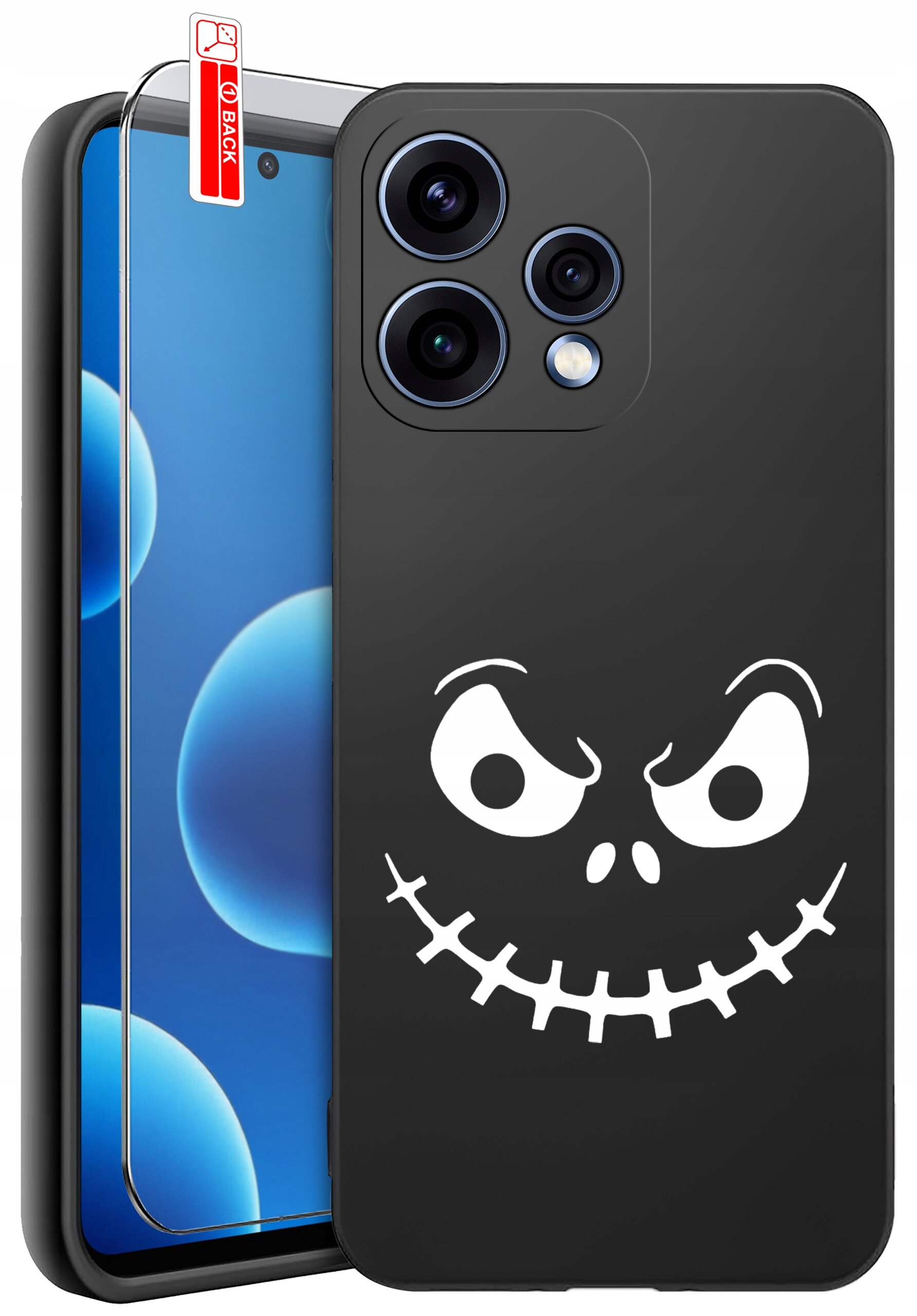 Czarne etui na telefon z białym, uśmiechniętym wzorem przypominającym twarz. Obok znajduje się szkło ochronne z naklejką \'BACK\'.